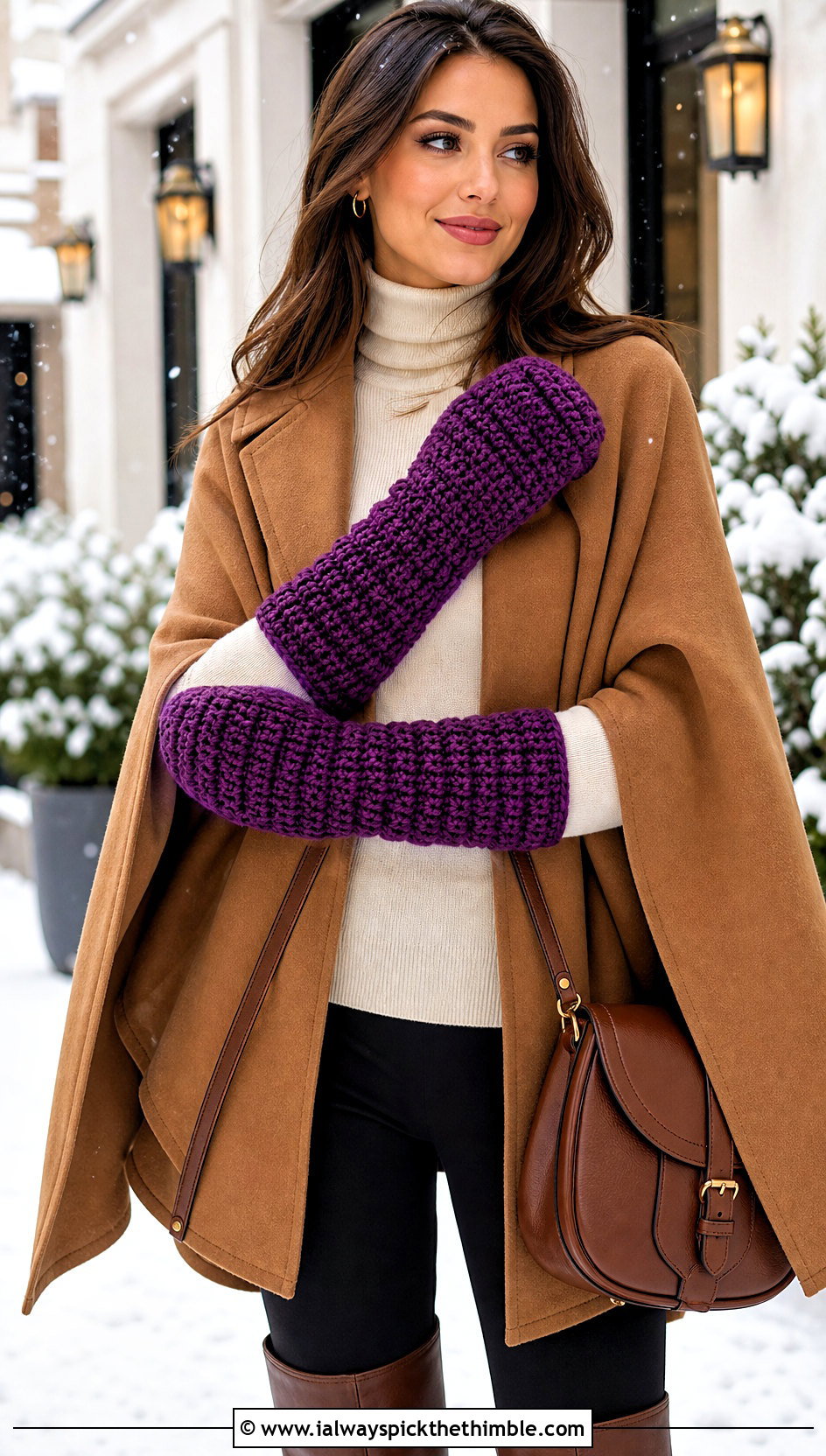 Long Gauntlet Crochet Mittens With Cape And Leggings - 20 quick crochet mittens outfit ideas