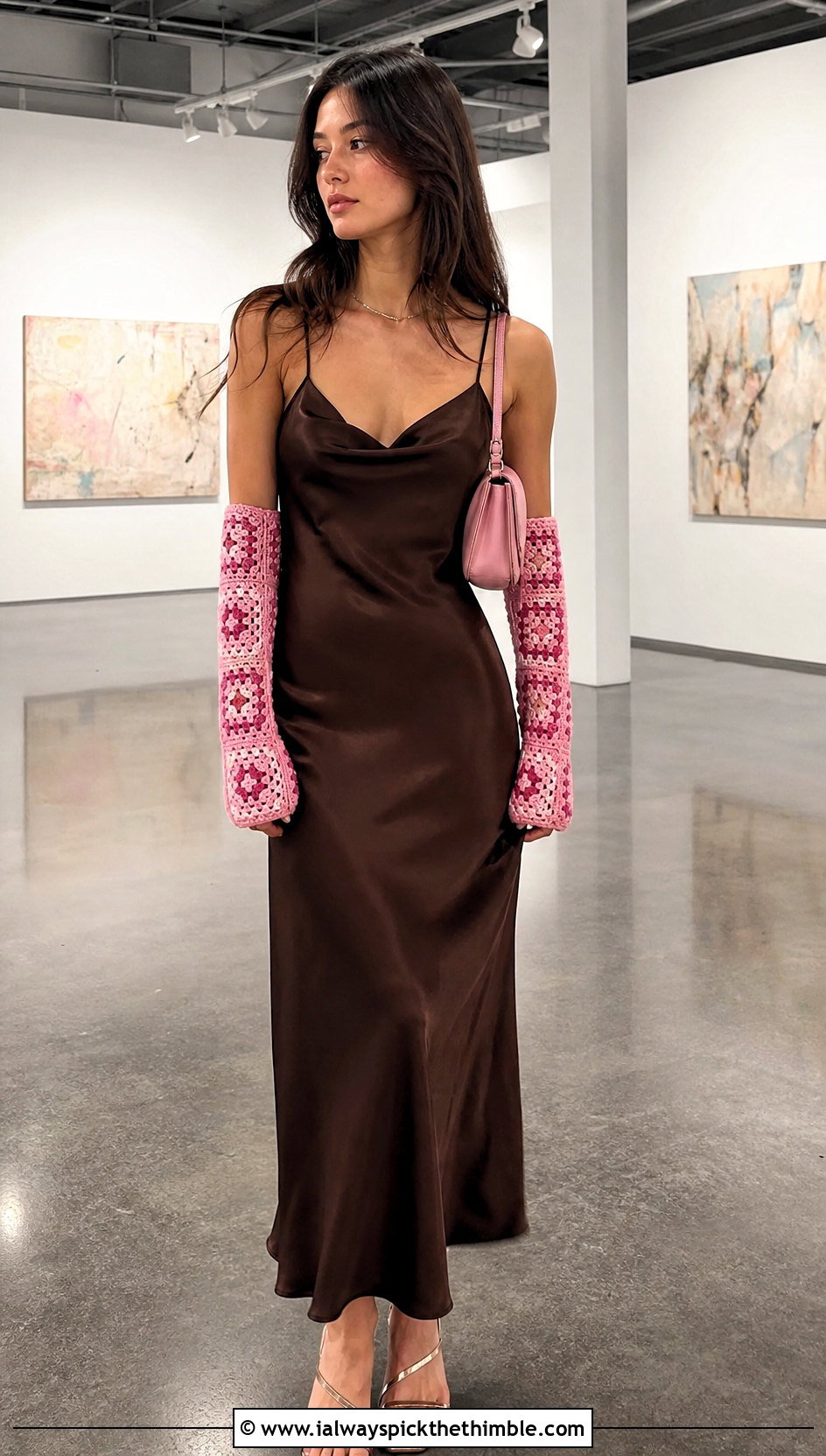 Long Granny Square Arm Warmers With Satin Slip Dress - 20 Granny Square Arm Warmers outfit ideas