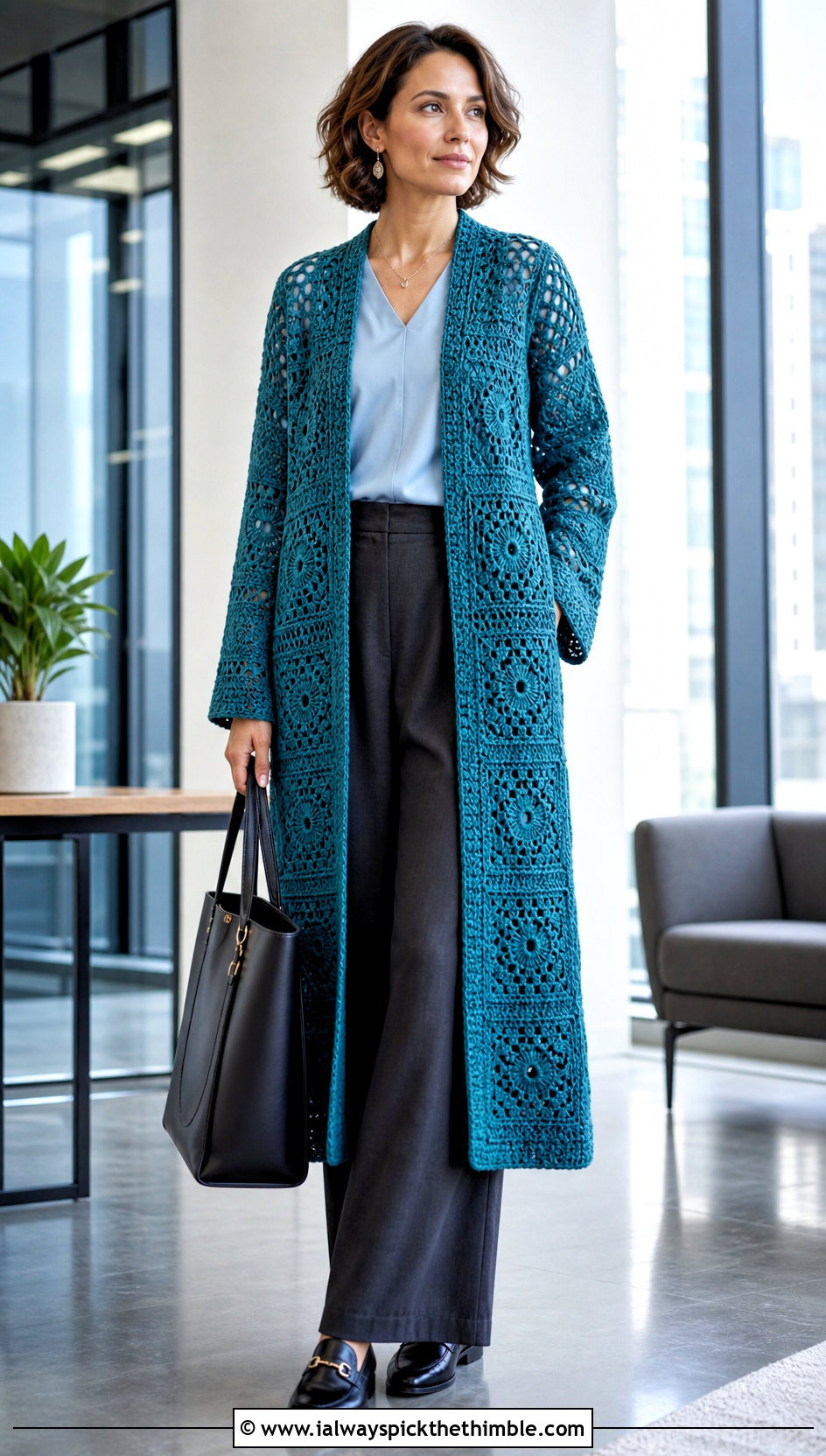 Long Granny Square Cardigan Jacket With Tailored Trousers - 20 crochet granny square jacket outfit ideas