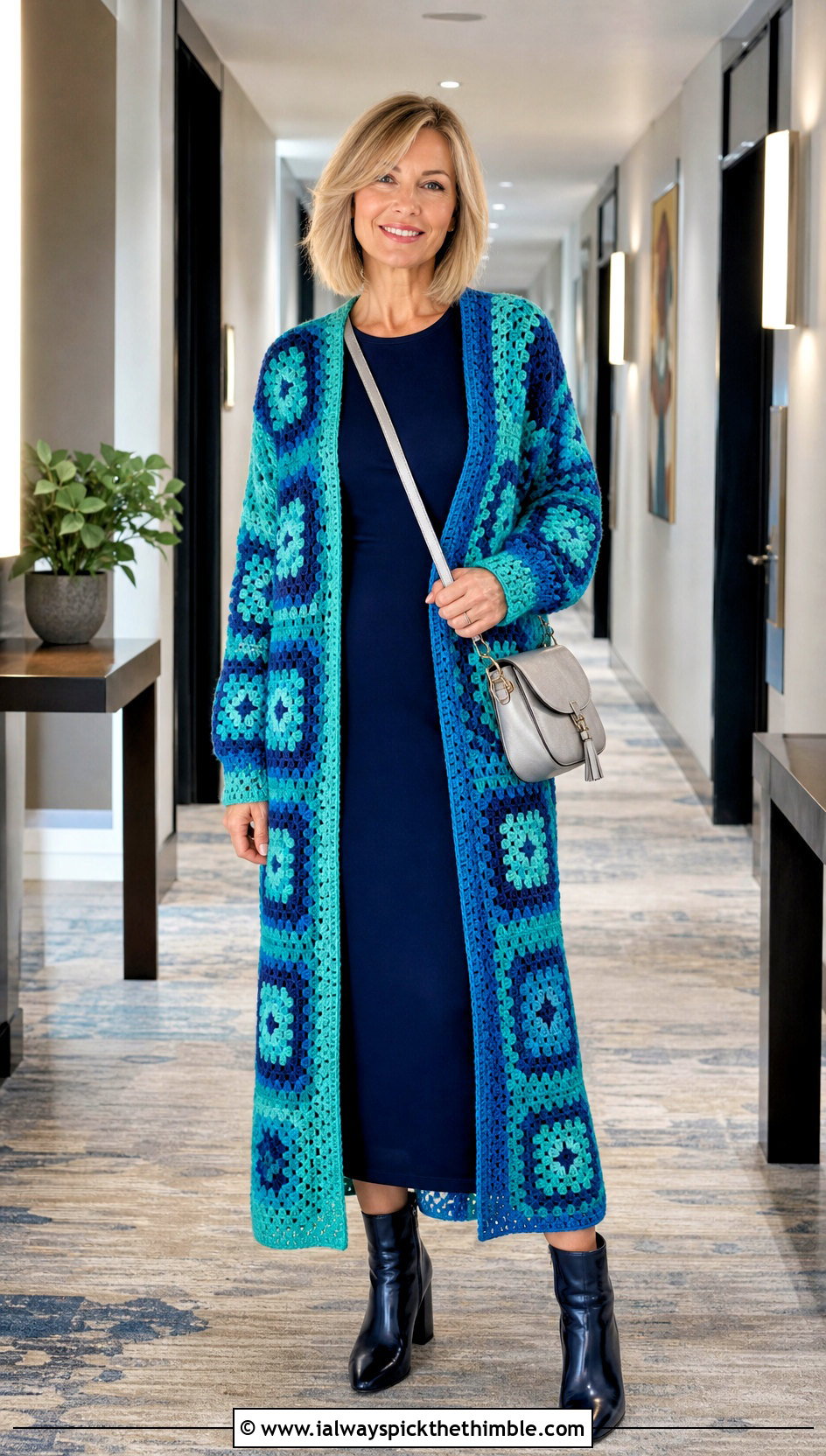 Long Granny Square Cardigan With Column Dress - 20 granny squares cardigan outfit ideas