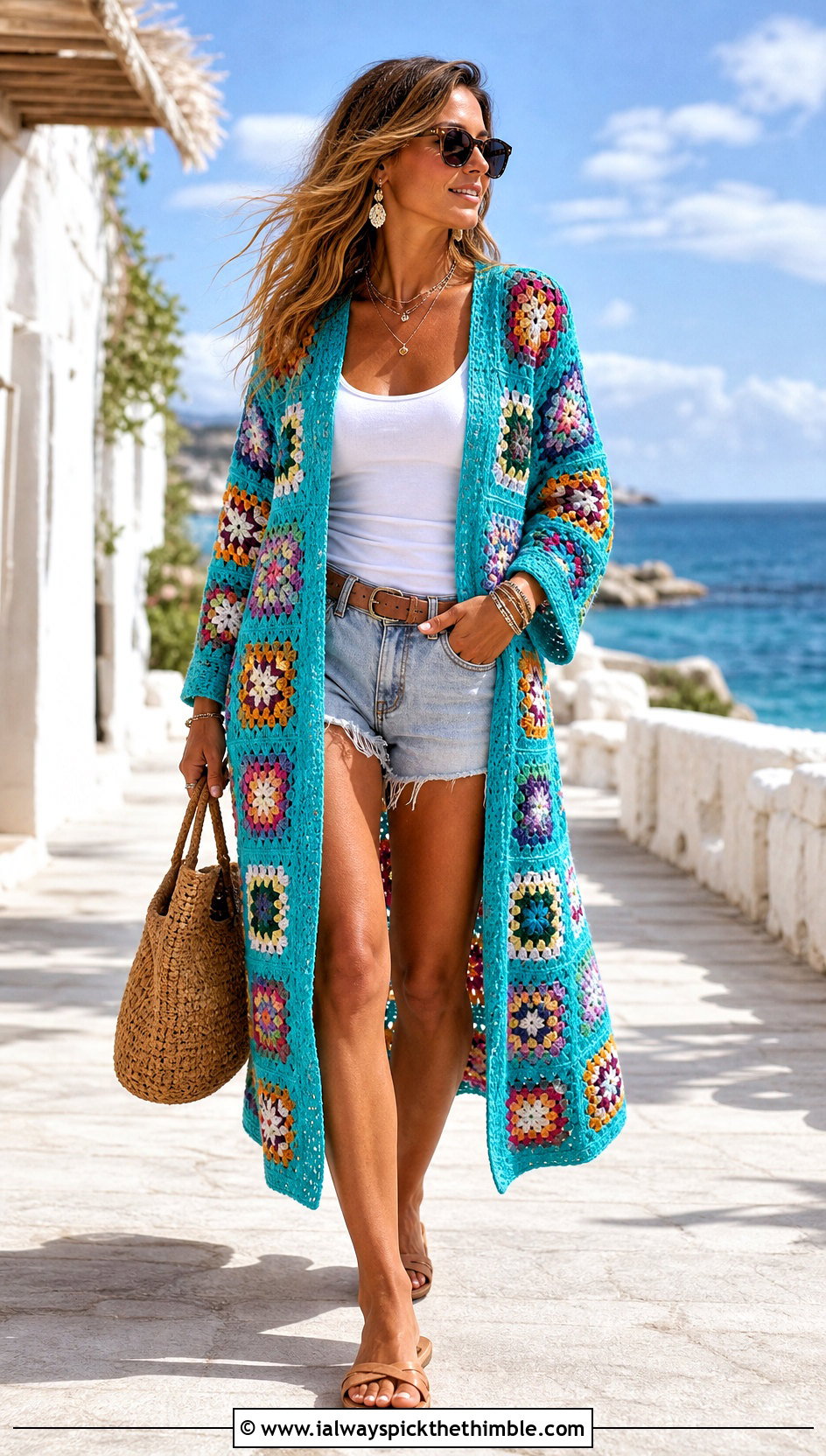 Long Granny Square Cardigan With Denim Shorts - 20 Crochet Cardigan From Square outfit ideas