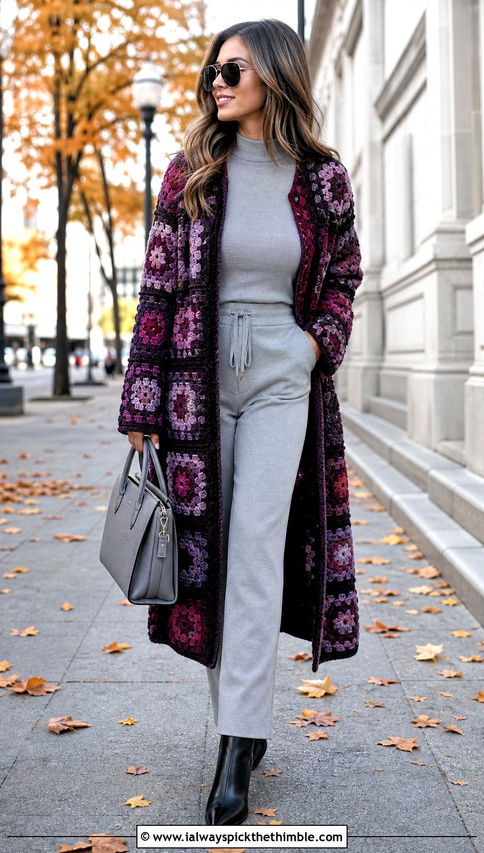 Long Granny Square Coat Cardigan With Monochrome Layers - 20 Fall Granny Square Sweater outfit ideas