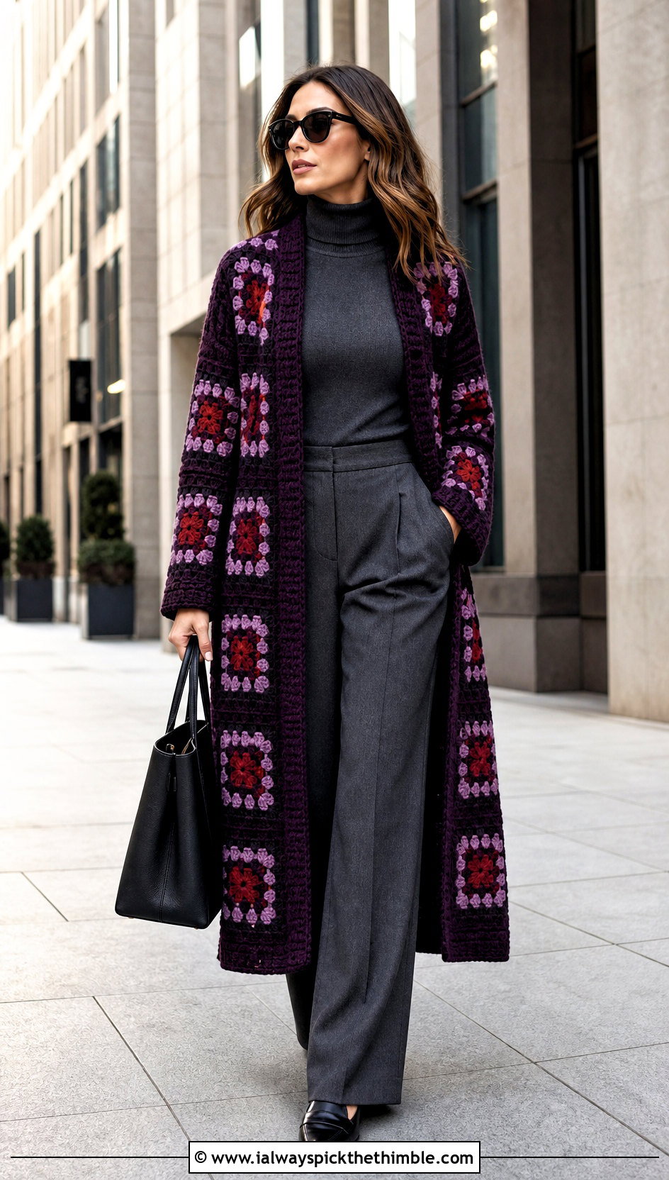 Long Granny Square Coat Cardigan With Monochrome Tailoring - 20 crochet granny squares cardigan outfit ideas