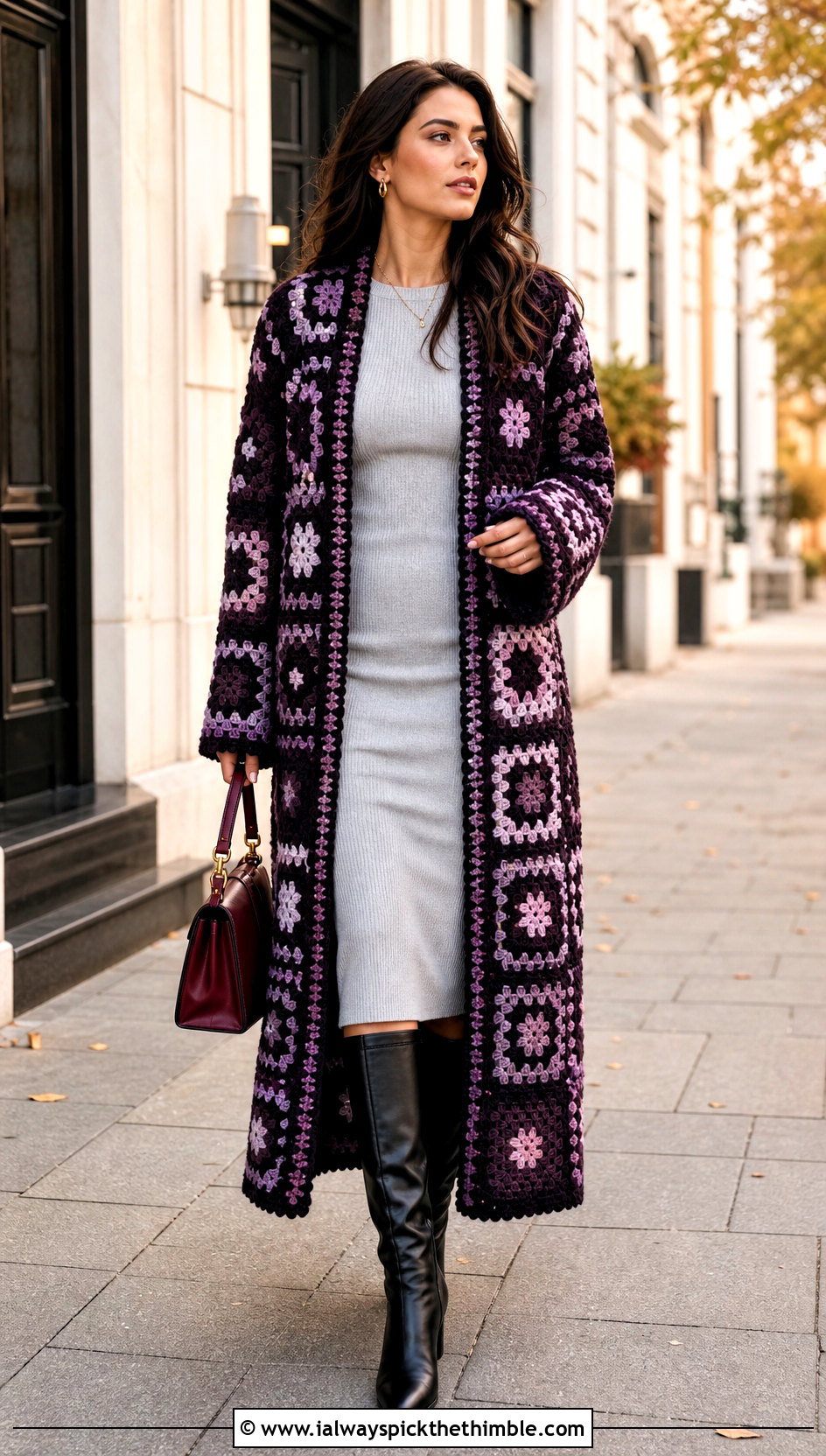 Long Granny Square Coat With Knit Dress - 20 crochet square jacket outfit ideas