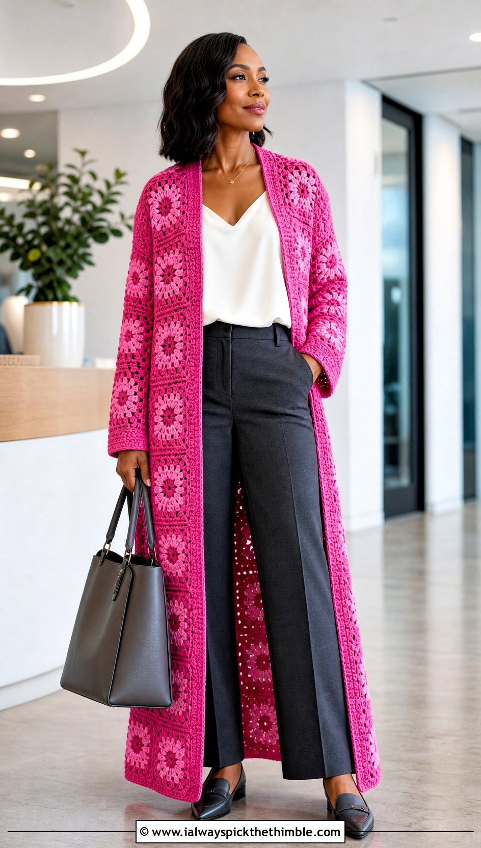Long Granny Square Duster Cardigan With Tailored Trousers - 25 crochet granny cardigan outfit ideas