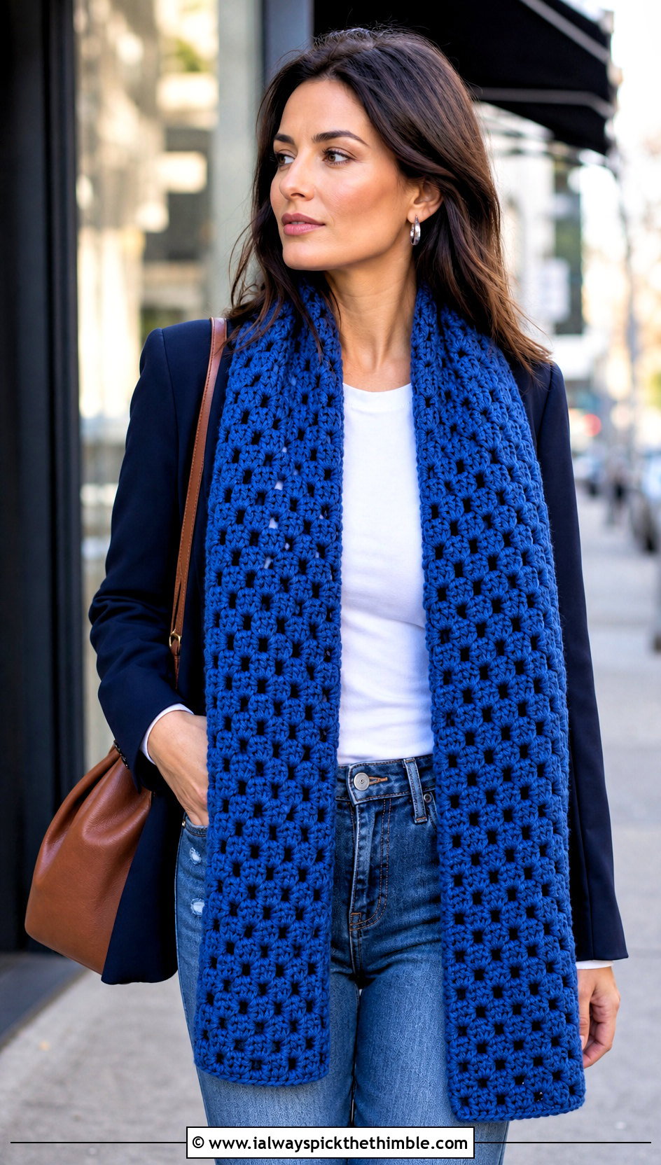 Long Granny Stripe Scarf With Jeans And Blazer - 20 crochet granny stitch scarf outfit ideas