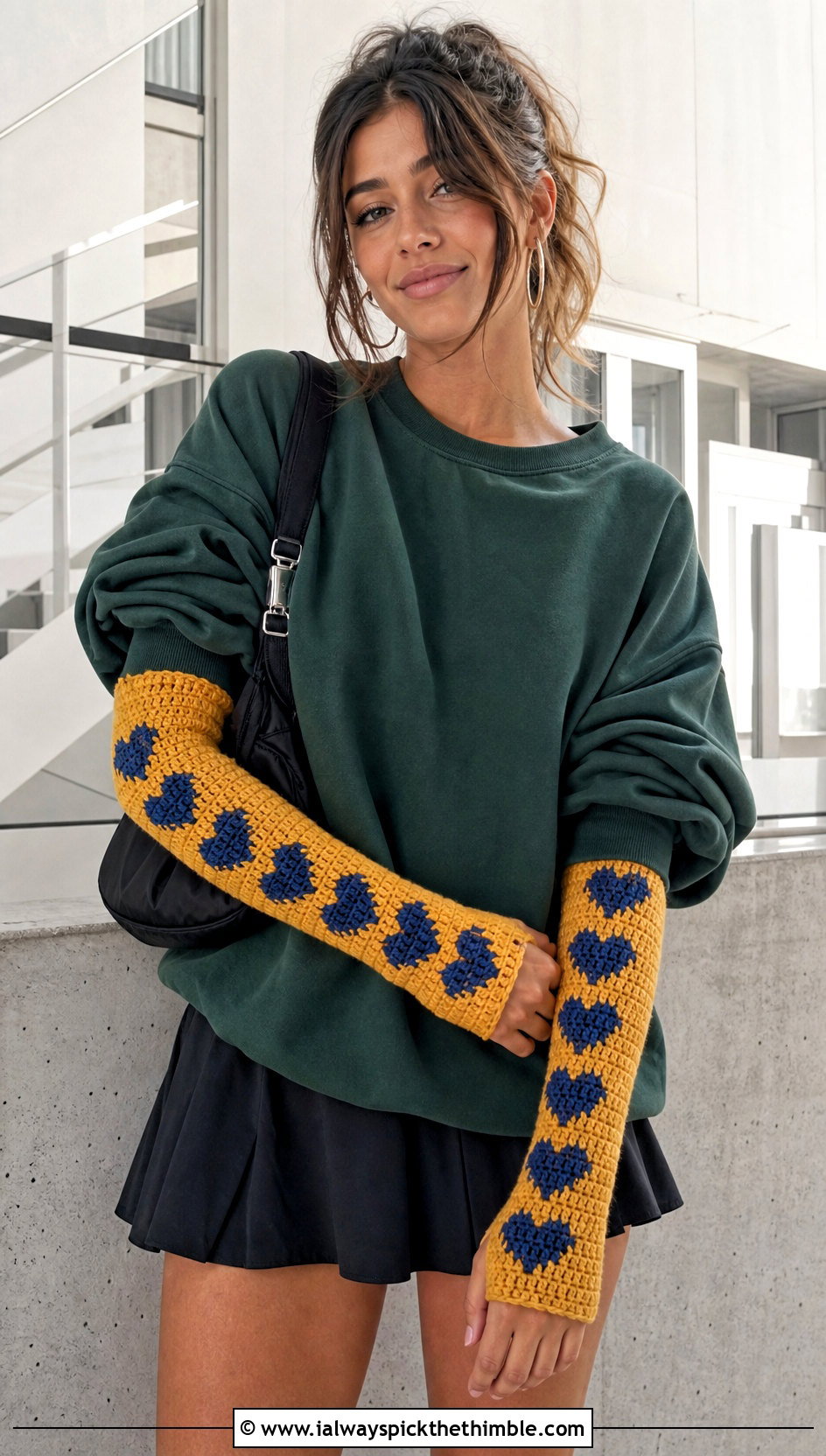 Long Heart Arm Warmers With Oversized Sweatshirt - 15 Heart Crochet Gloves outfit ideas