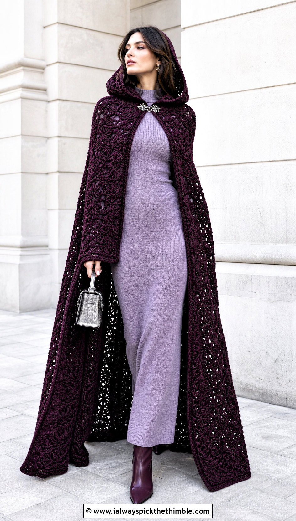 Long Hooded Crochet Cloak Cape With Knit Column Dress - 20 Hooded Crochet Cape outfit ideas