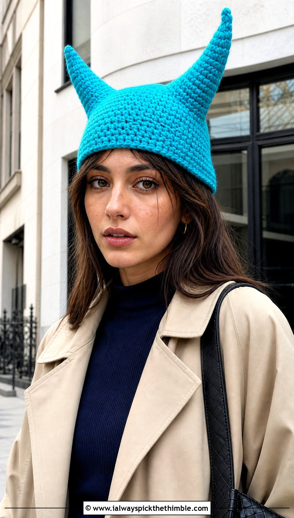 Long Horn Crochet Beanie With Trench Coat - 20 Crochet Horned Beanie outfit ideas
