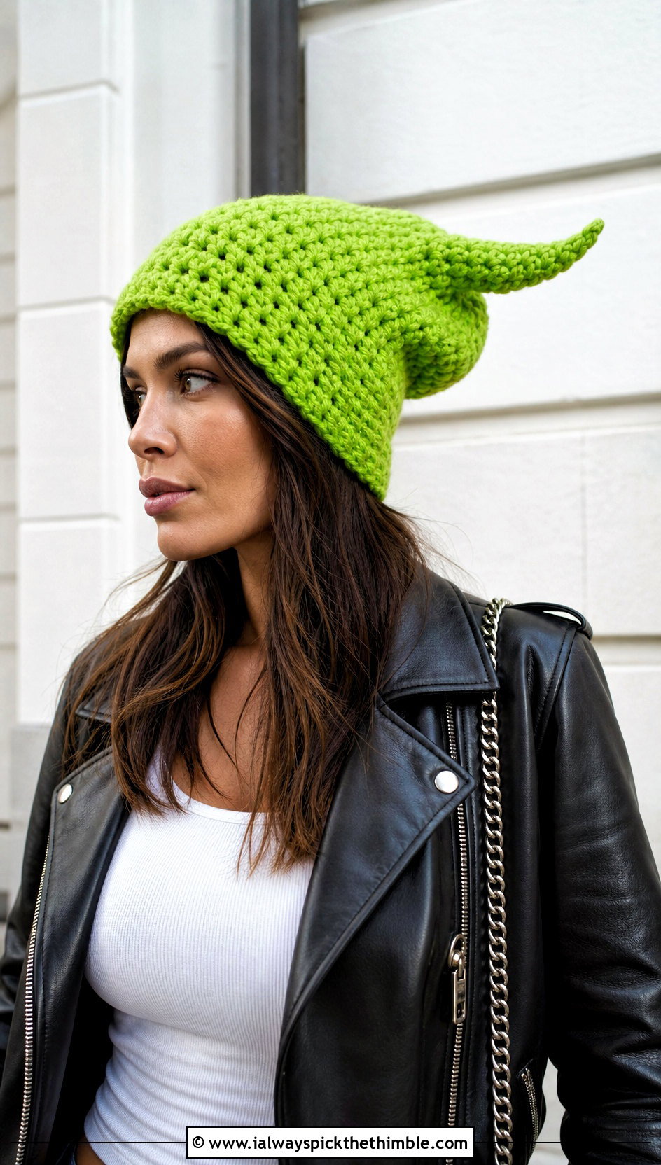 Long Horn Crochet Slouch Hat With Leather Jacket - 20 crochet hat with horns outfit ideas