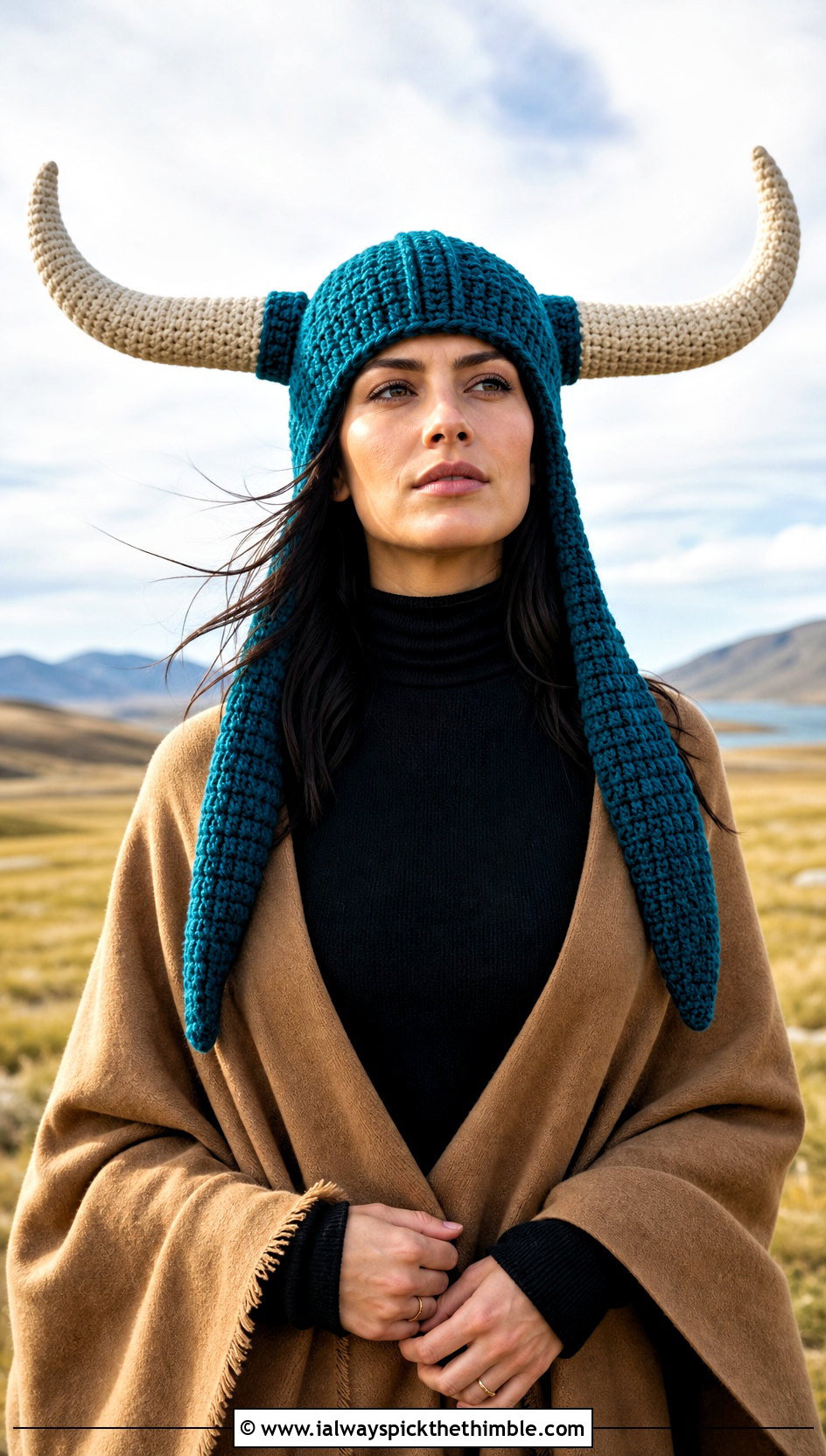 Long Horn Crochet Viking Hat With Poncho - 25 crochet viking hat outfit ideas