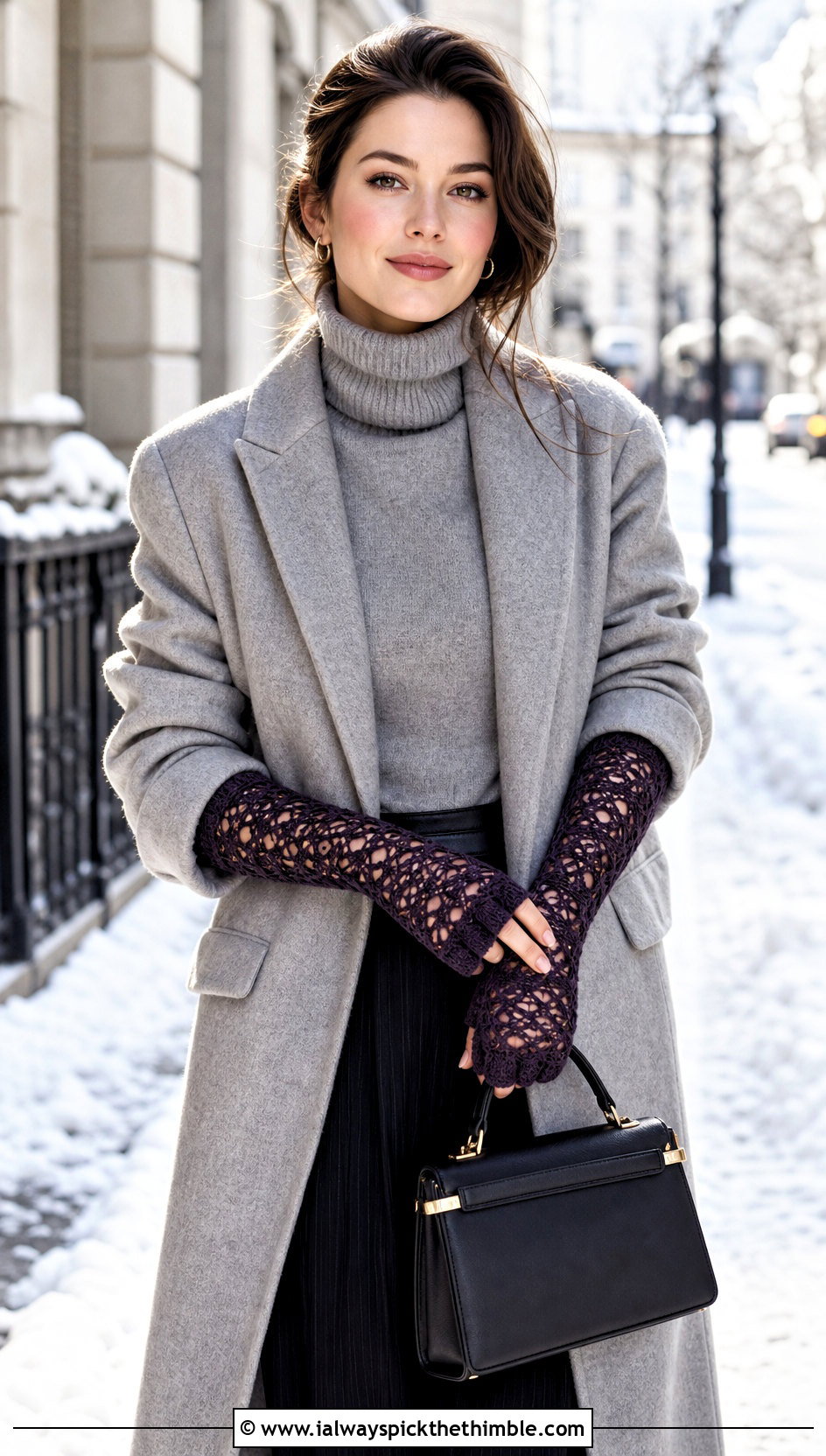 Long Lace Crochet Gauntlet Gloves With Wool Coat And Trousers - 20 Lace Crochet Fingerless Gloves outfit ideas