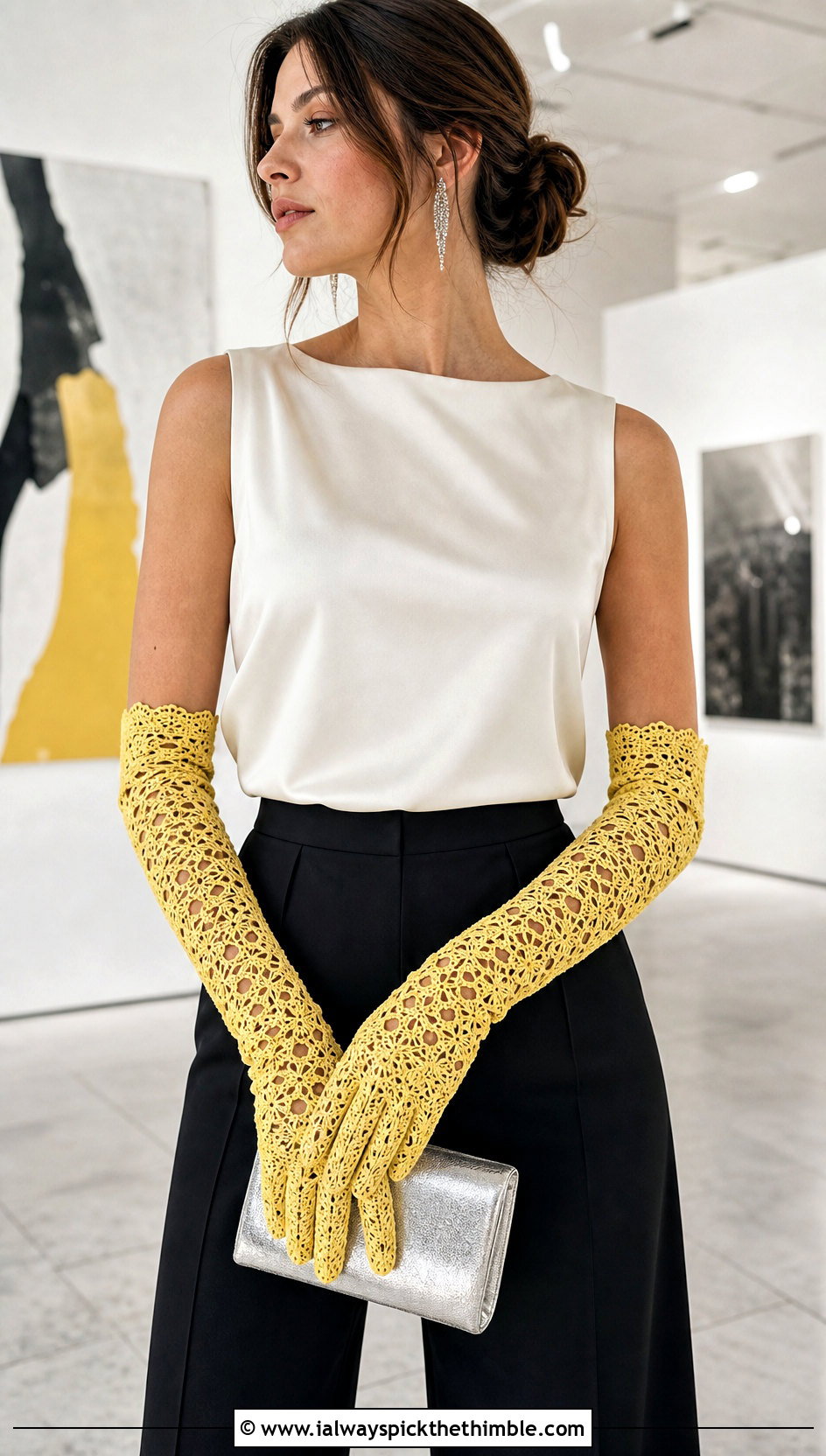 Long Lace Crochet Gloves With Satin Blouse - 20 crocheted gloves outfit ideas