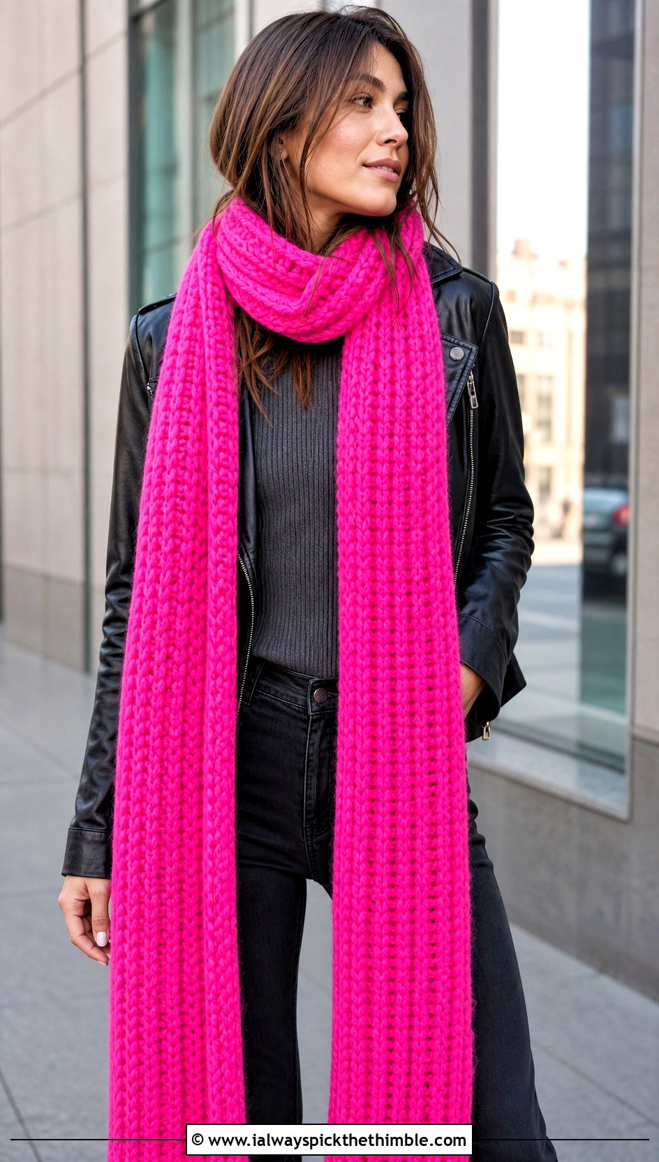 Long Line Brioche Crochet Scarf With Leather Jacket - 20 Brioche Crochet Scarf outfit ideas