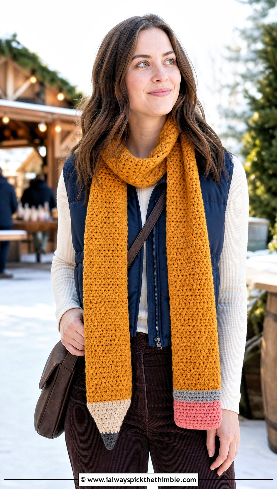 Long Line Crochet Pencil Scarf With Puffer Vest - 20 Crochet Pencil Scarf outfit ideas