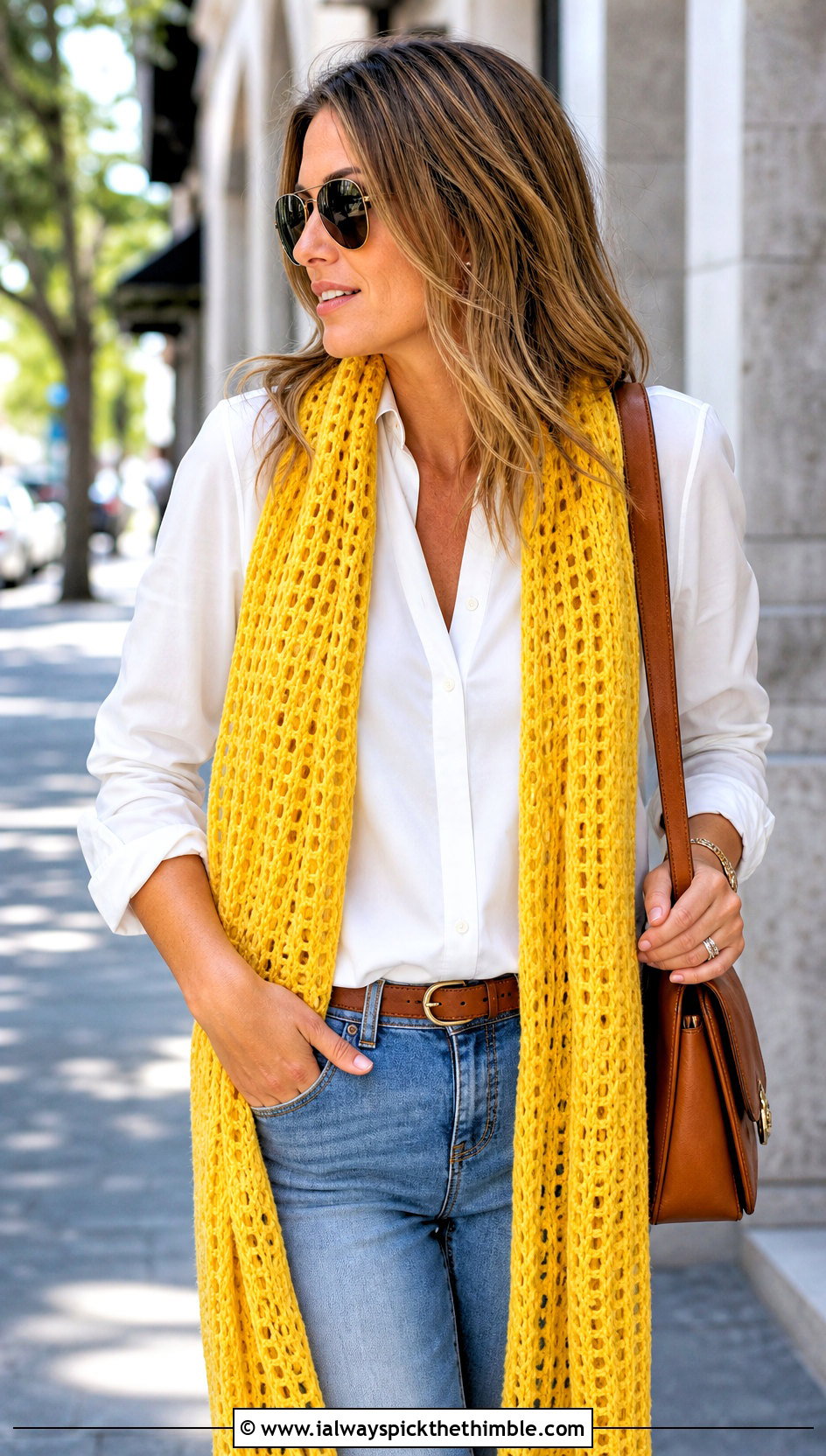 Long Line Mesh Crochet Scarf With White Shirt And Jeans - 20 Mesh Crochet Scarf outfit ideas