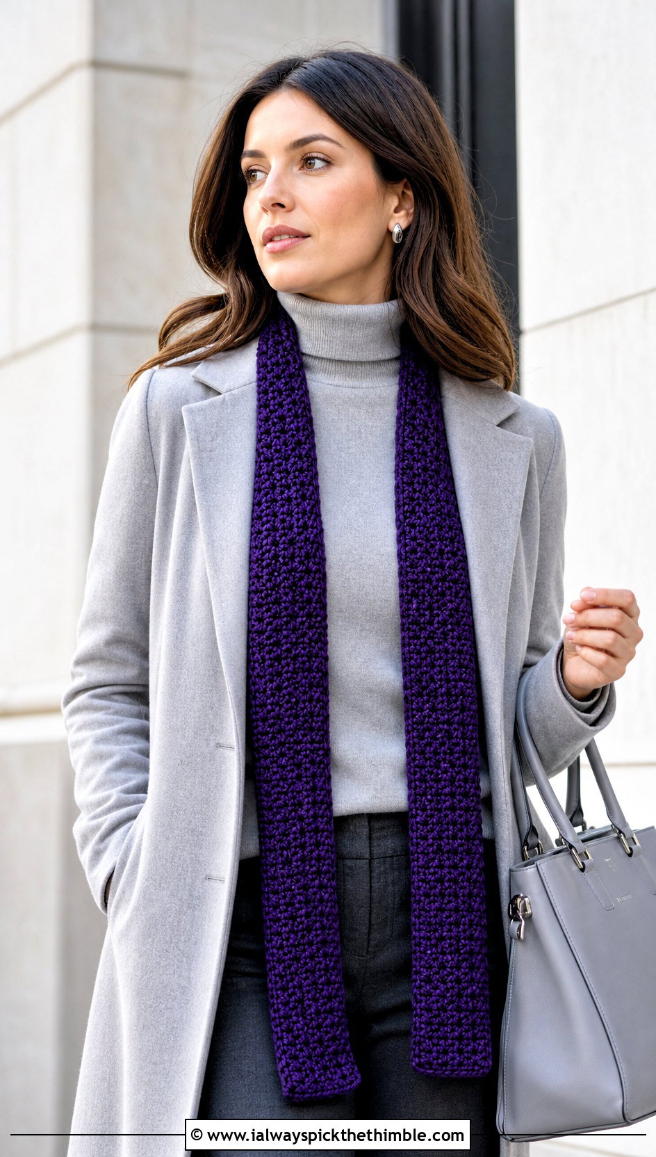 Long Line One Ball Crochet Scarf With Monochrome Coat Outfit - 15 one ball crochet scarf outfit ideas