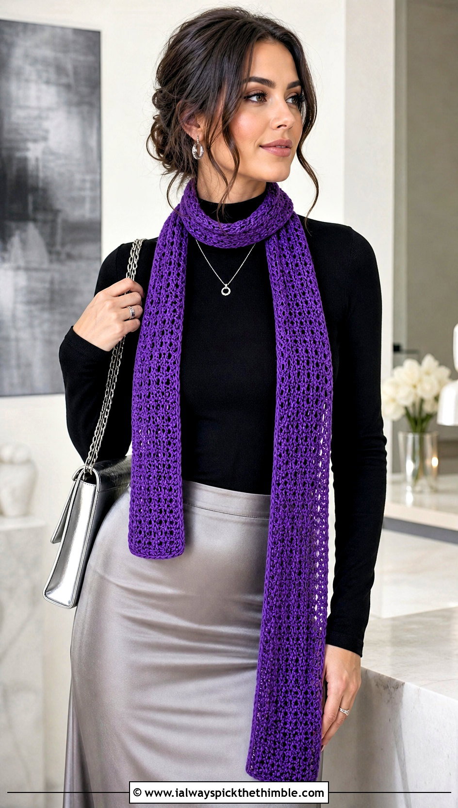 Long Line Skinny Crochet Scarf With Slip Skirt - 25 small crochet scarf outfit ideas