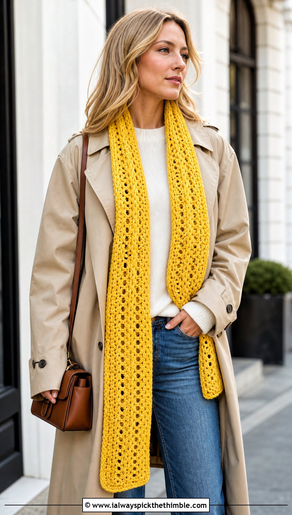 Long Line V Stitch Crochet Scarf With Trench Coat - 20 v stitch crochet scarf outfit ideas