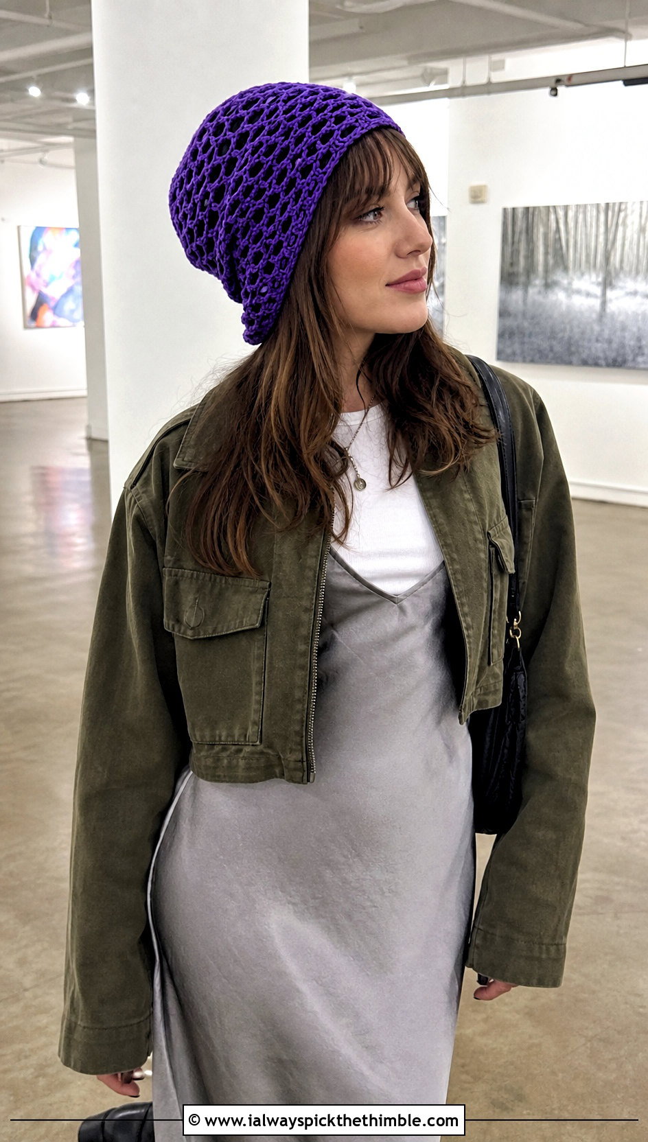Long Mesh Crochet Beanie With Satin Slip Dress - 20 Long Crochet Hat outfit ideas