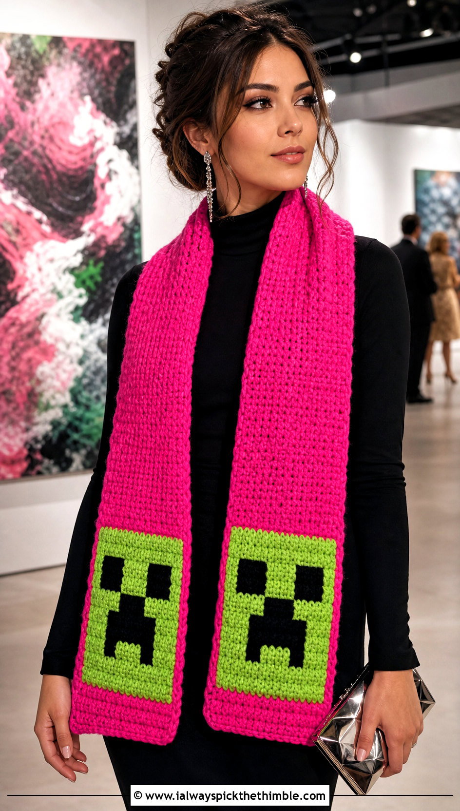 Long Minecraft Creeper Crochet Muffler With Black Evening Outfit - 15 minecraft creeper crochet scarf outfit ideas
