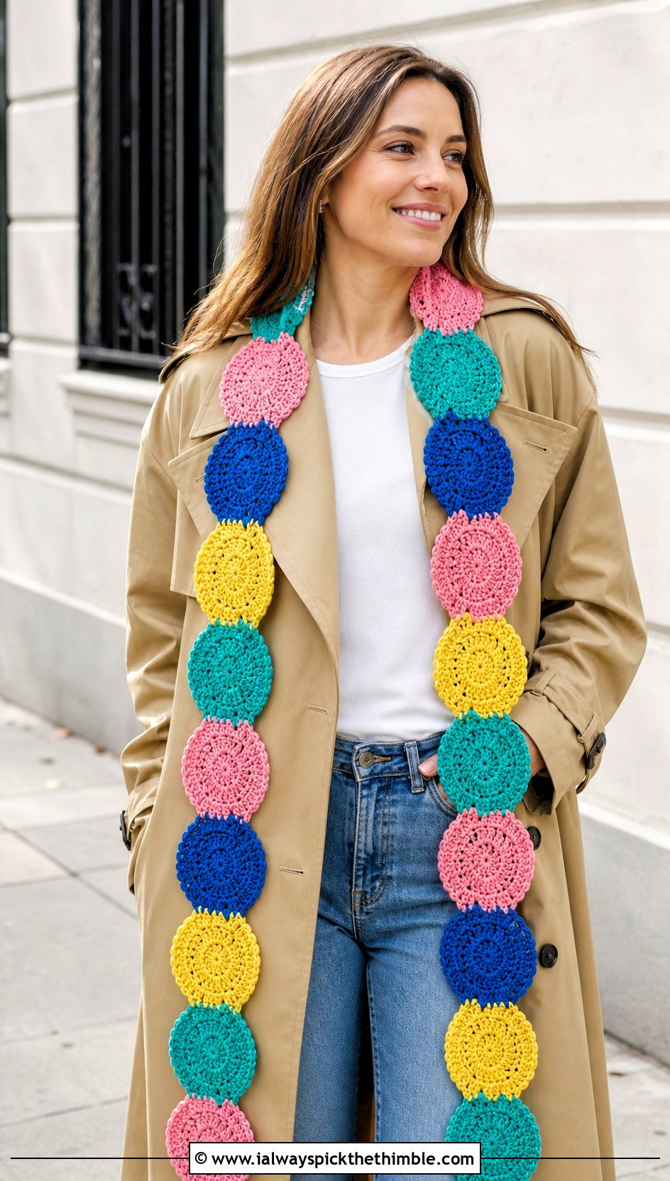 Long Multicolored Circle Motif Crochet Scarf With Trench Coat And Jeans - 15 crochet scarf with colorful circles outfit ideas