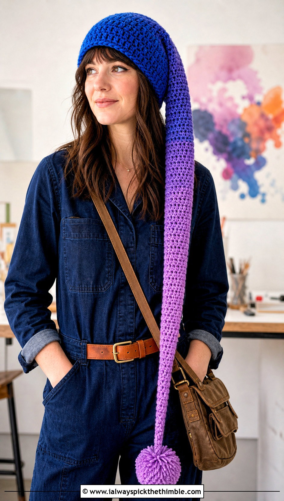 Long Ombre Crochet Hat With Denim Jumpsuit - 20 Long Crochet Hat outfit ideas
