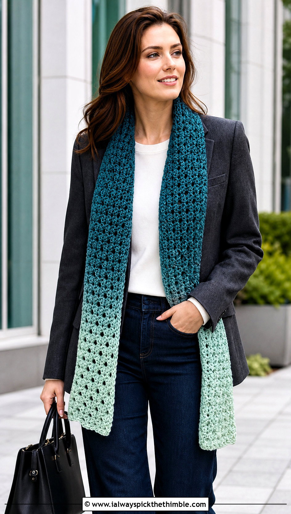 Long Ombre Crochet Scarf With Blazer And Jeans - 20 Ombre Crochet Scarf outfit ideas