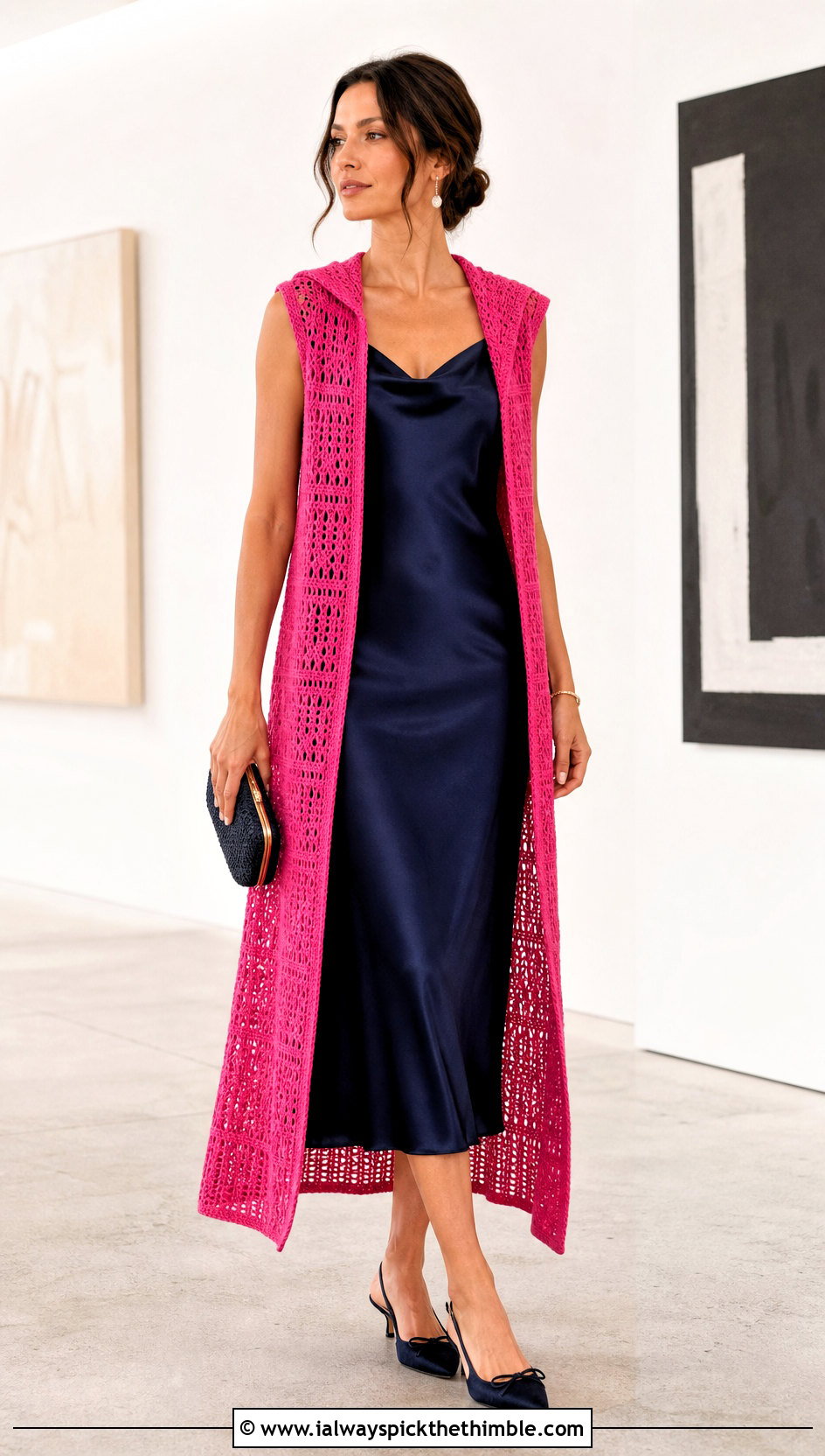 Long Open Front Hooded Crochet Vest With Slip Dress - 20 crochet vest with hood outfit ideas
