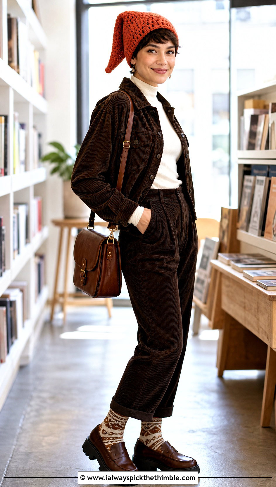 Long Pixie Crochet Hat With Corduroy Outfit - 20 Long Crochet Hat outfit ideas