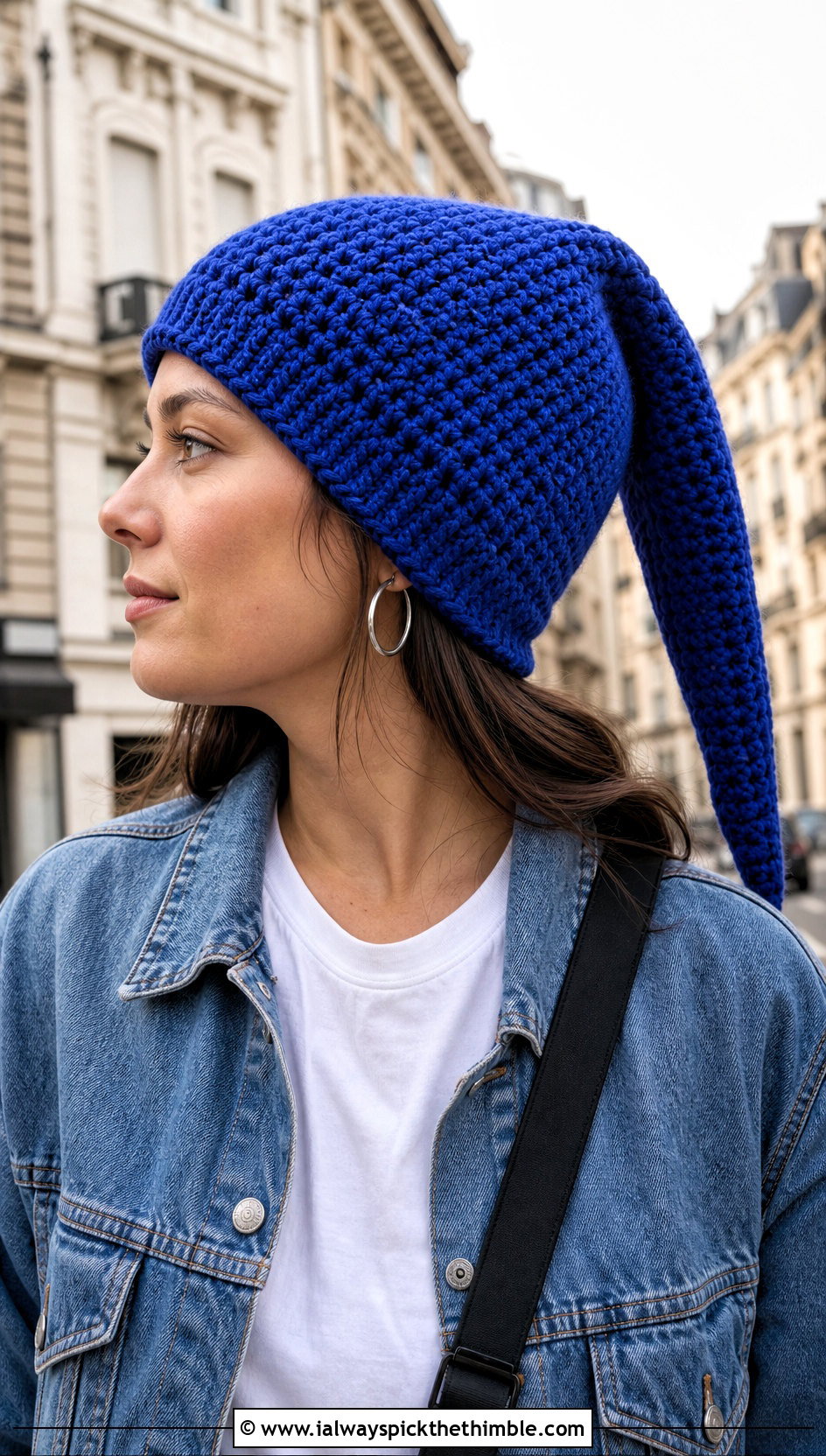 Long Pointed Crochet Gnome Hat With Denim Jacket - 25 crochet gnome hat outfit ideas