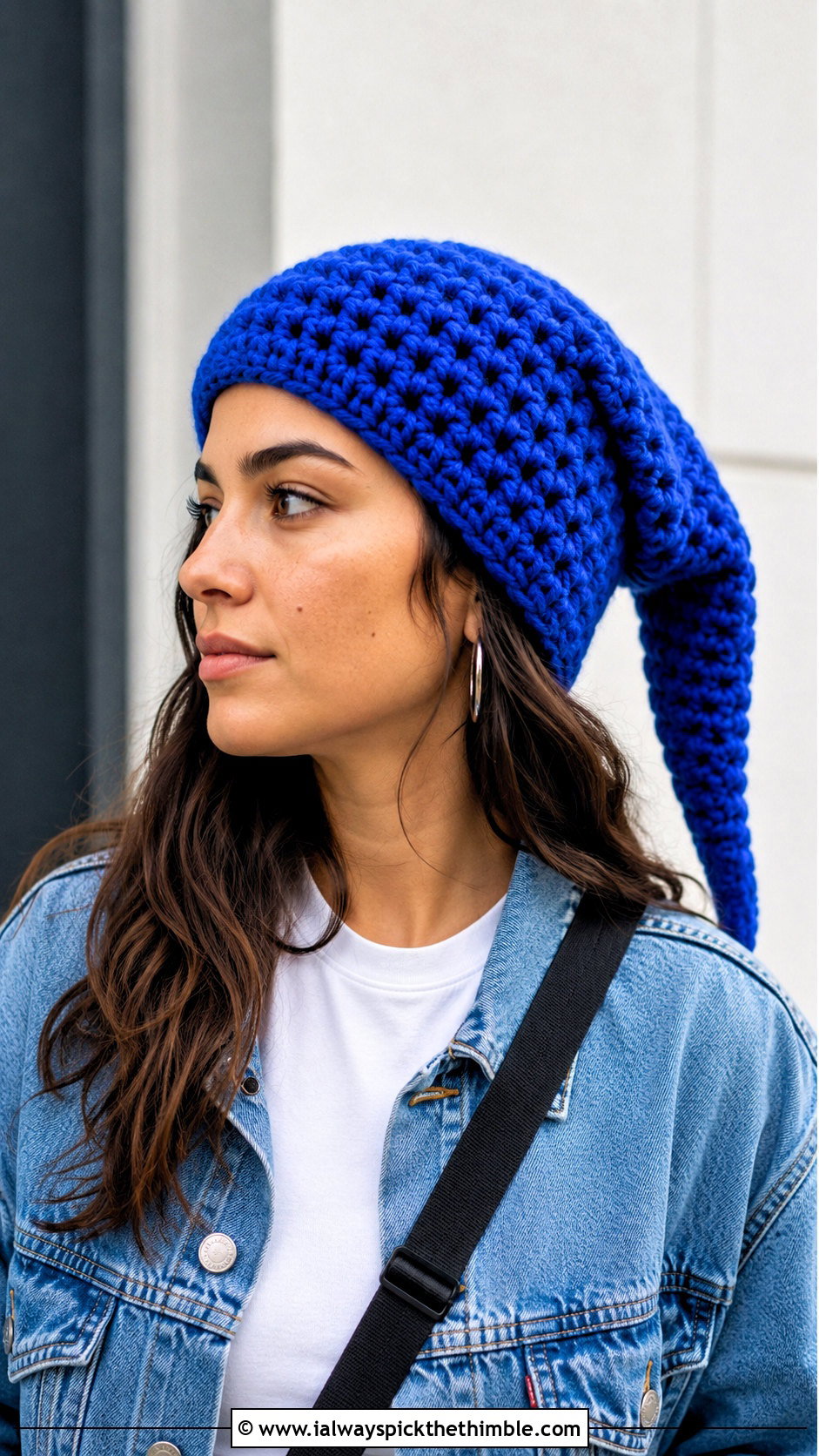 Long Pointed Crochet Gnome Hat With Denim Jacket - 15 Adult Crochet Gnome Hat outfit ideas