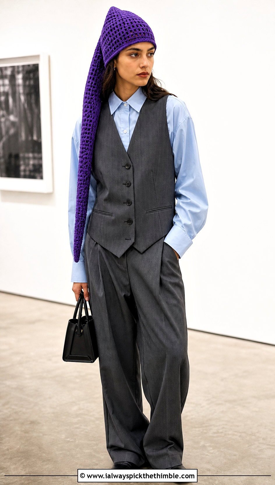 Long Pointed Crochet Hat With Tailored Vest - 20 Long Crochet Hat outfit ideas