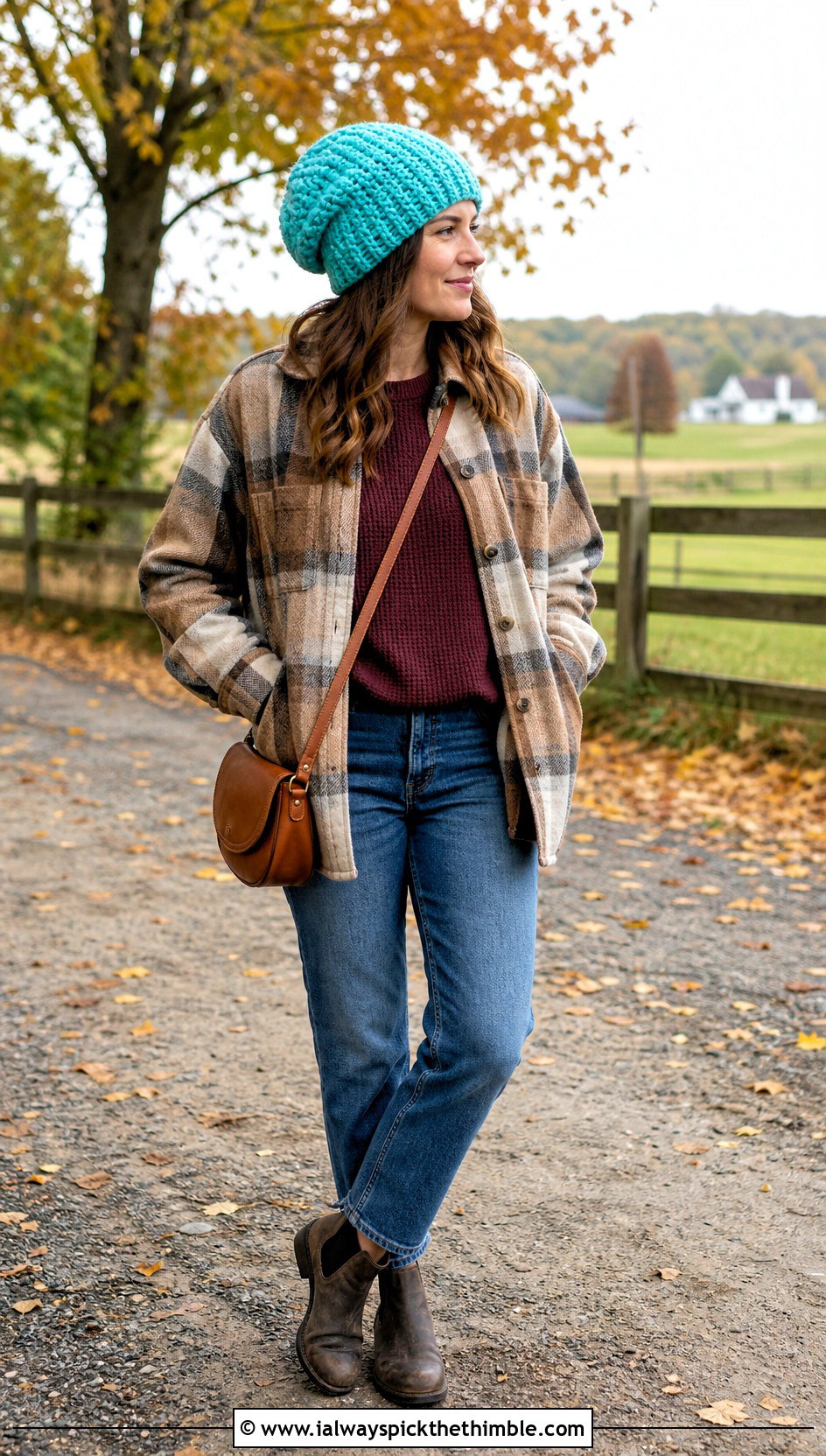 Long Puff Stitch Crochet Hat With Plaid Shacket - 20 Long Crochet Hat outfit ideas