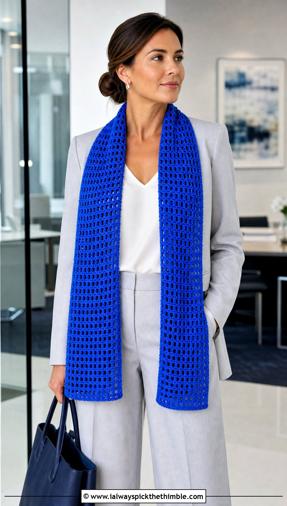 Long Rectangular Crochet Mesh Scarf With Blazer And Wide Leg Pants - 20 Crochet Mesh Scarf outfit ideas