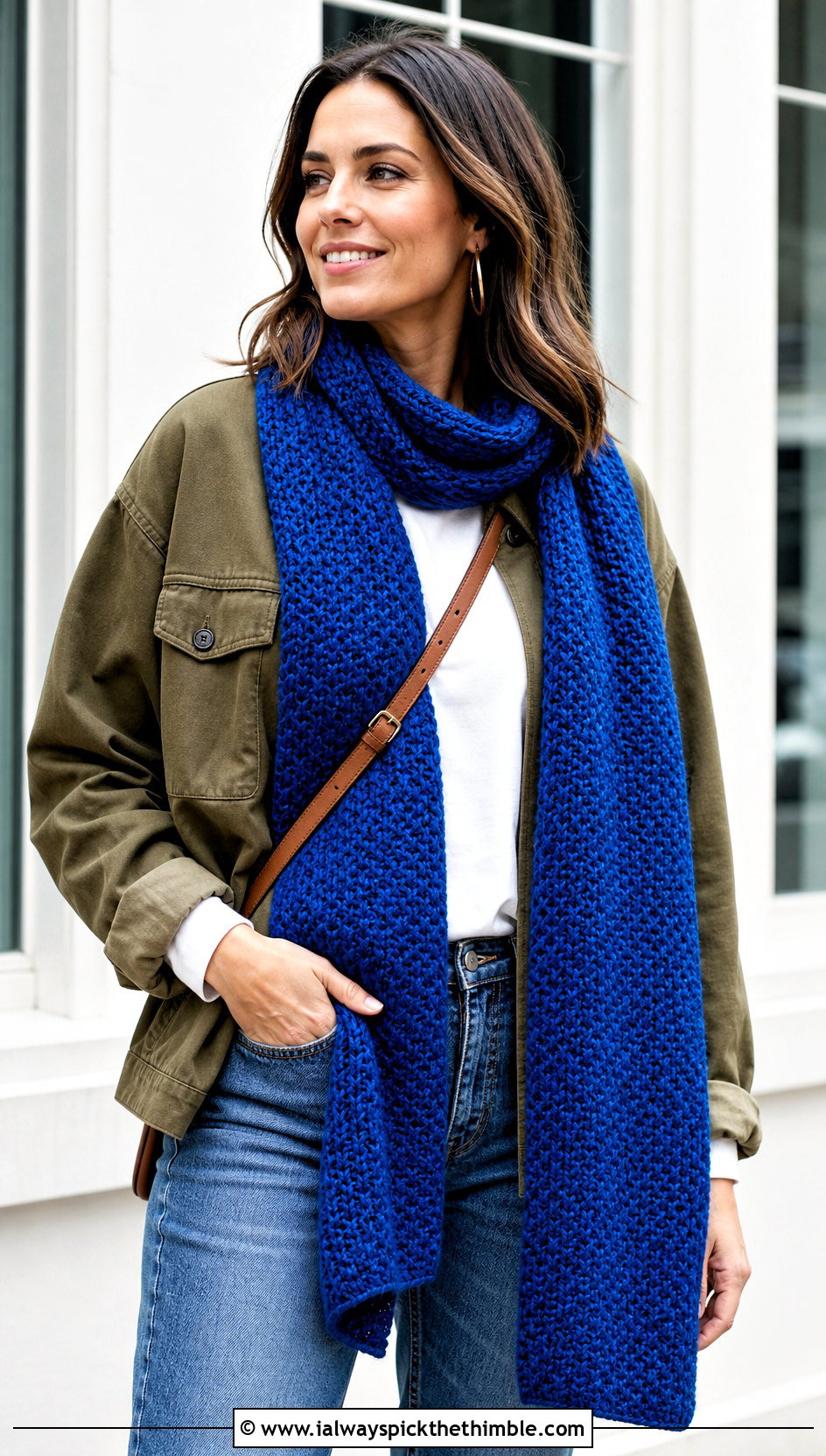 Long Rectangular Moss Stitch Scarf With Straight Leg Jeans - 25 crochet moss stitch scarf outfit ideas