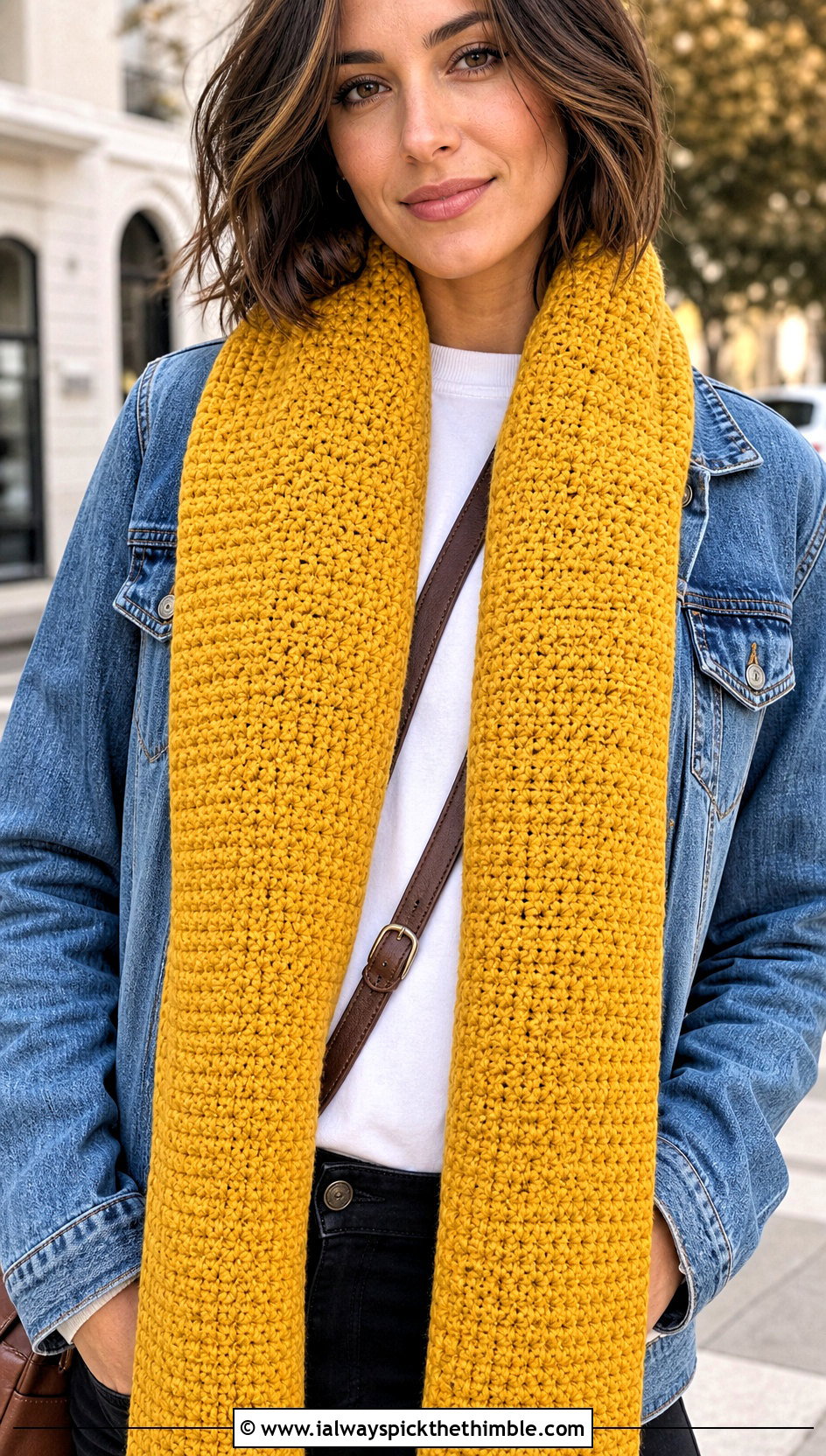 Long Rectangular Thermal Stitch Crochet Scarf With Denim Jacket - 20 Thermal Stitch Crochet Scarf outfit ideas