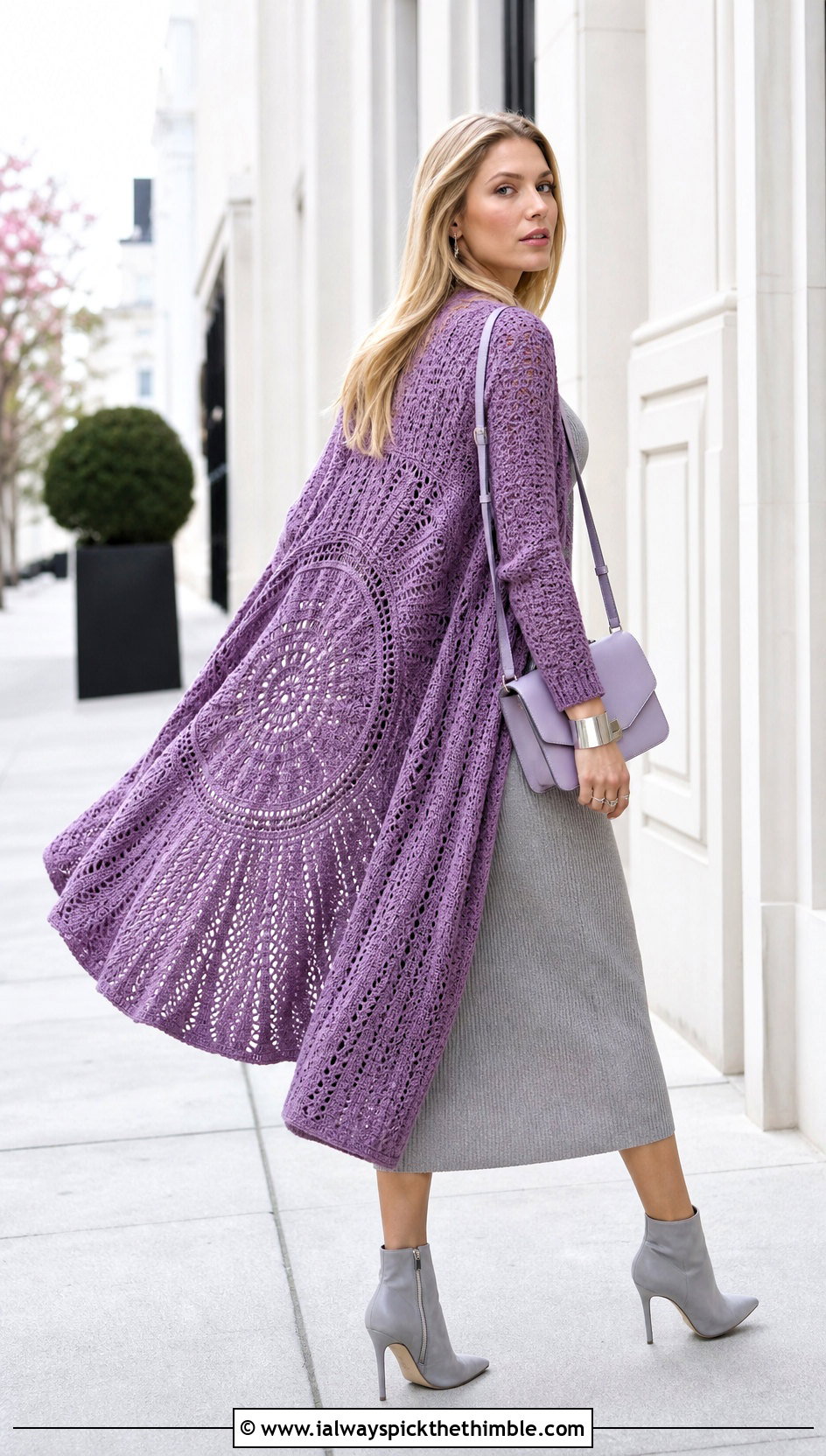 Long Round Crochet Cardigan With Knit Column Dress - 25 round crochet cardigan outfit ideas