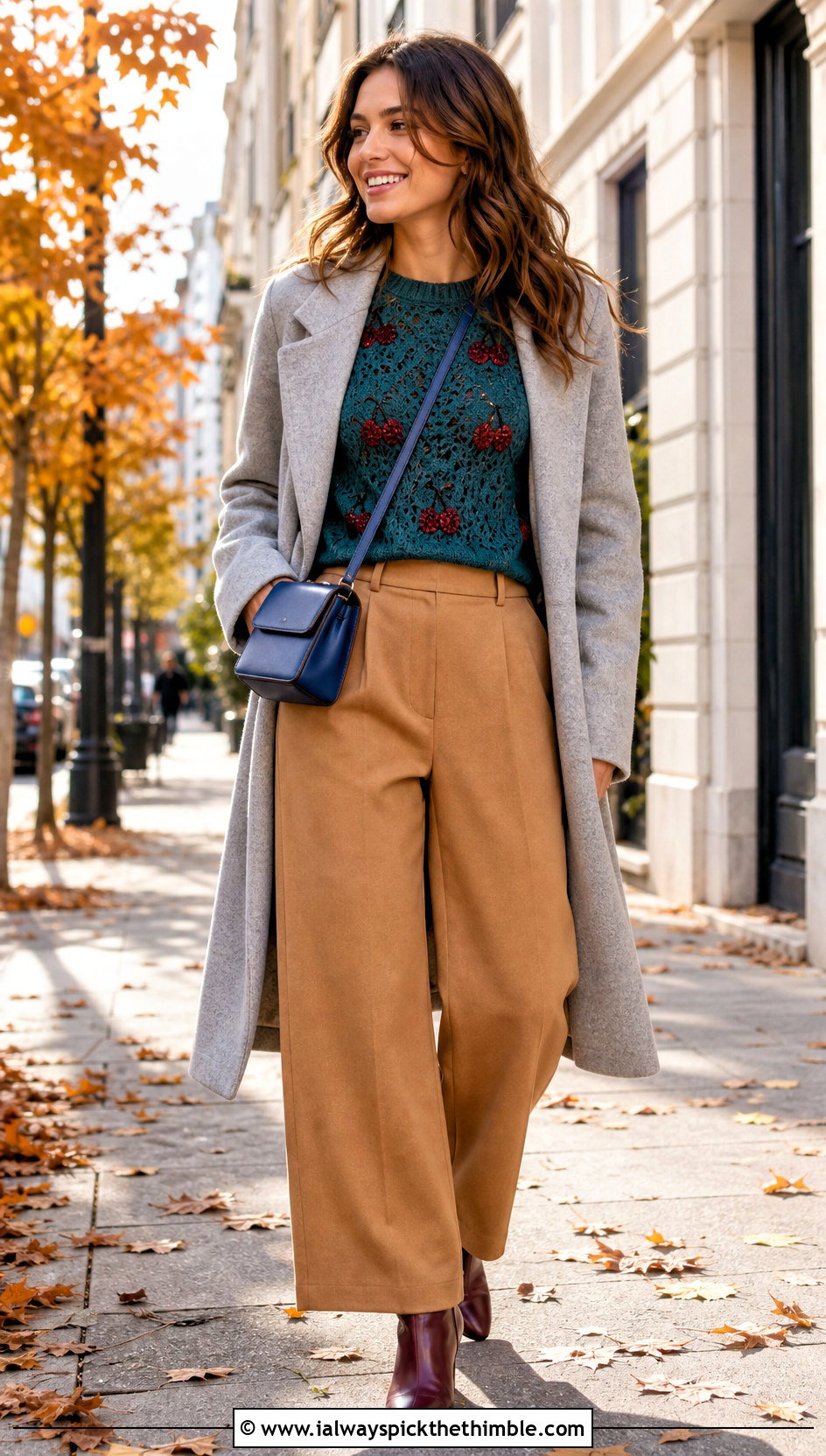 Long Sleeve Cherry Crochet Top With Wool Trousers - 25 crochet cherry top outfit ideas
