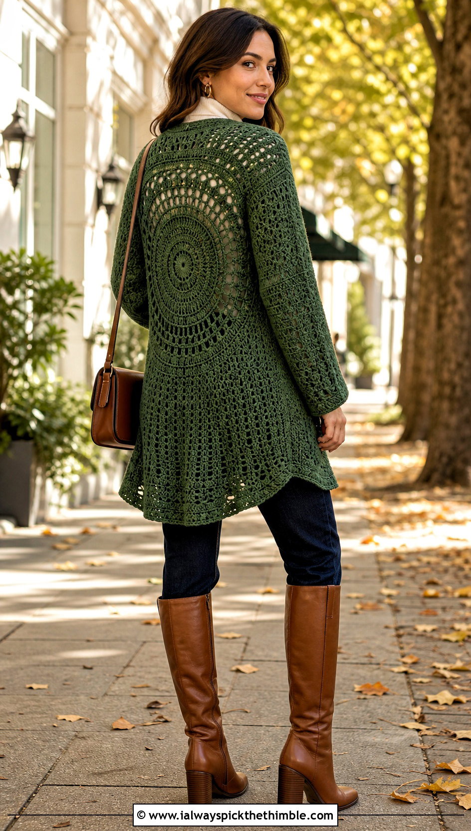 Long Sleeve Circle Crochet Cardigan With Turtleneck And Boots - 20 circle crochet cardigan outfit ideas