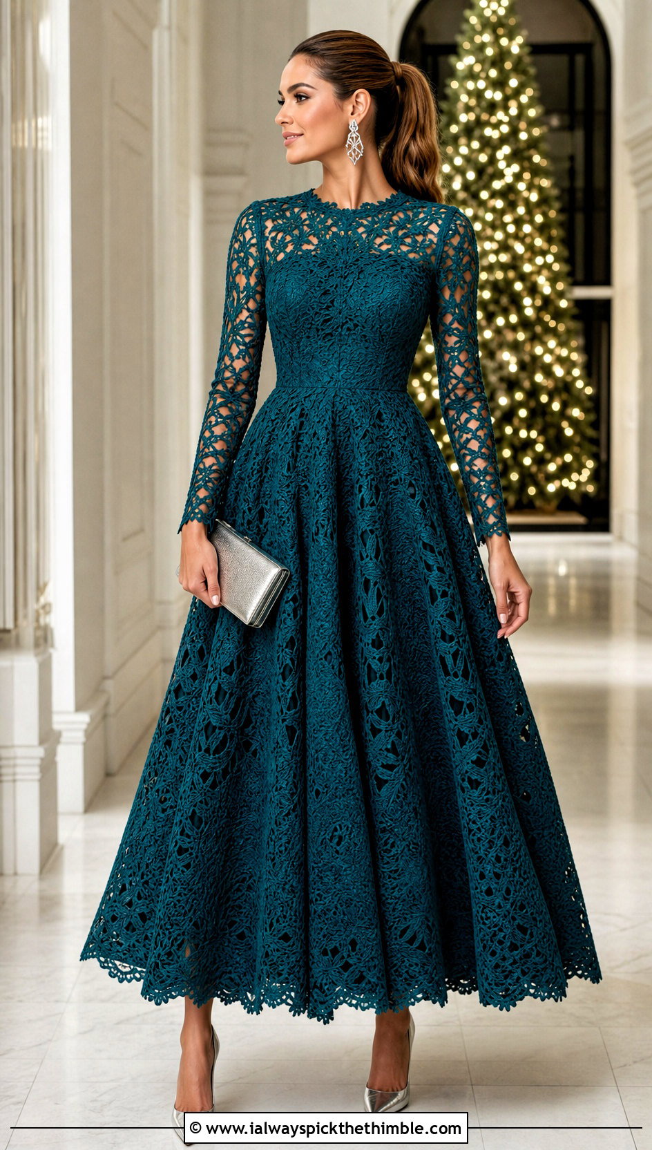 Long Sleeve Crochet Ball Gown Dress With Metallic Accessories - 20 crochet ball gown dress outfit ideas