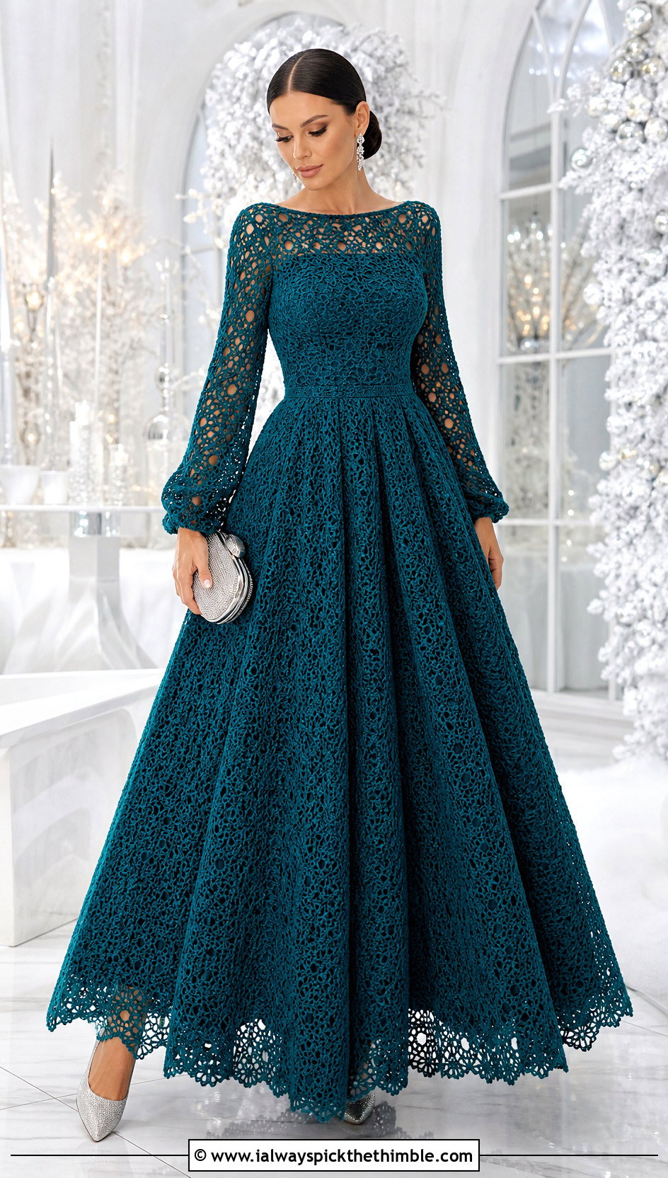 Long Sleeve Crochet Ball Gown With Crystal Earrings - 20 Crochet Ball Gown outfit ideas