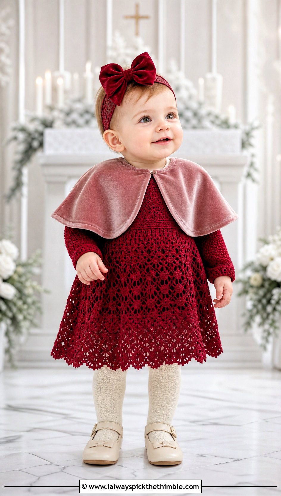 Long Sleeve Crochet Baptism Dress With Velvet Cape - 15 crochet baptism dress outfit ideas