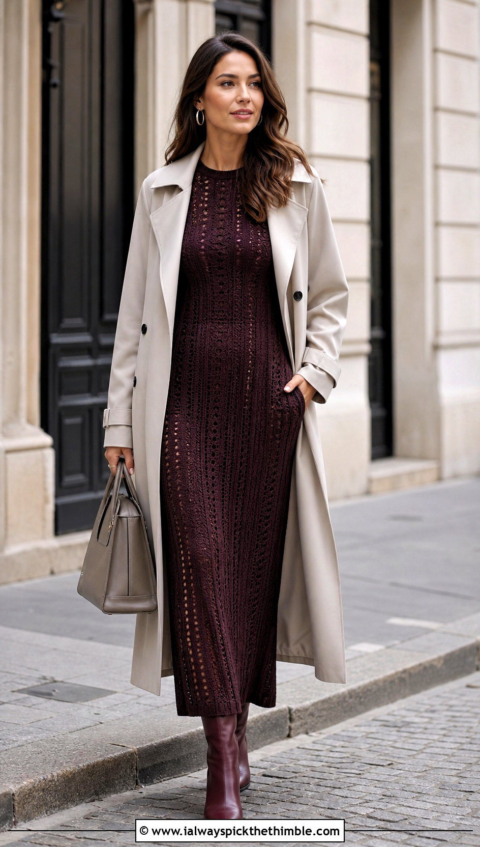 Long Sleeve Crochet Boho Column Dress With Trench Coat - 20 crochet boho dress outfit ideas