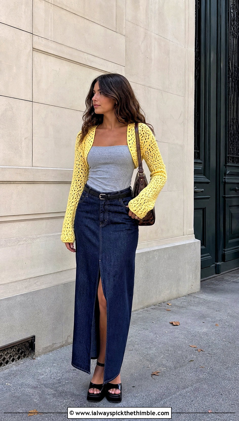 Long Sleeve Crochet Bolero With Denim Maxi Skirt - 20 Crochet Shrug Cardigan outfit ideas