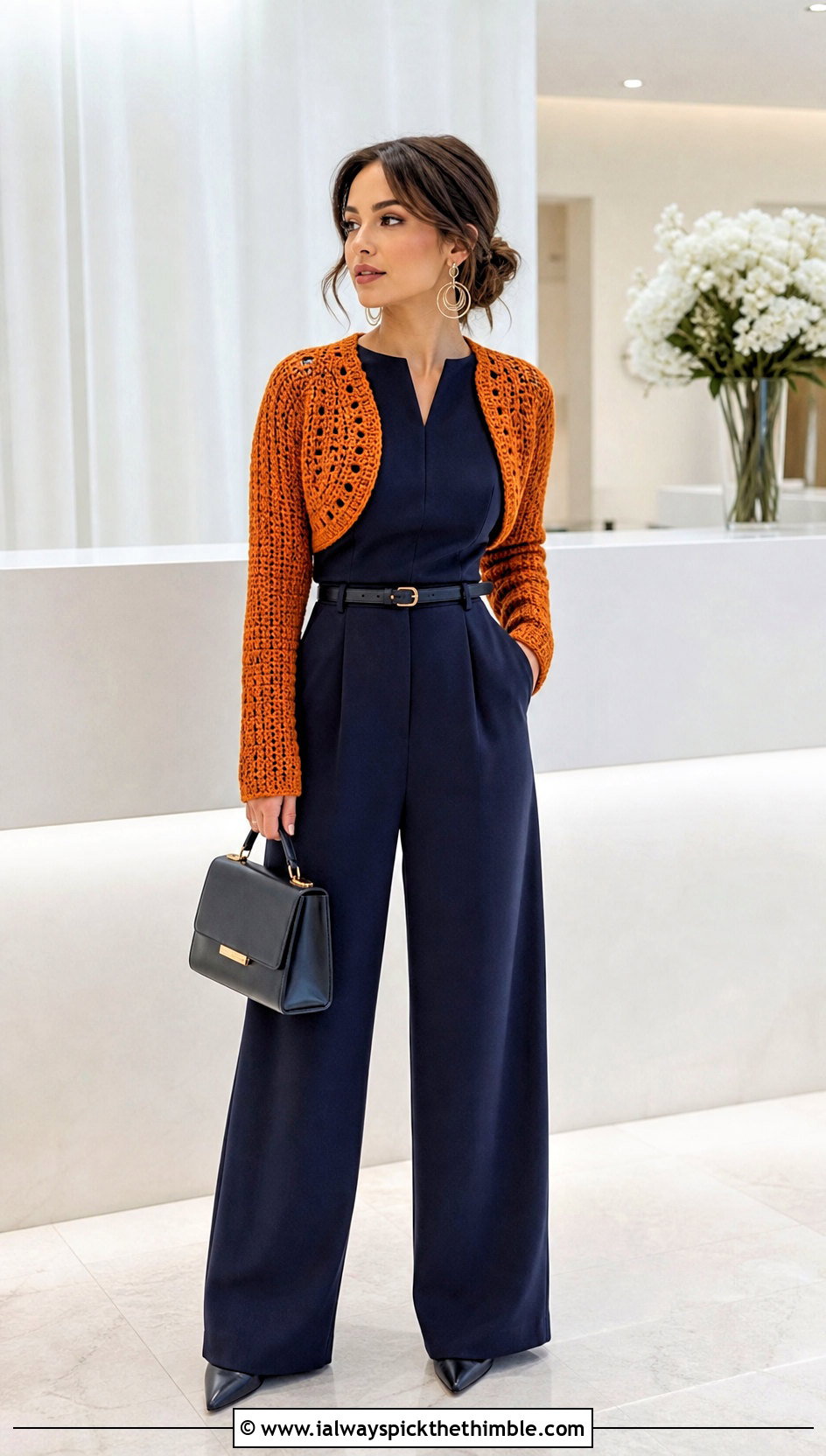 Long Sleeve Crochet Bolero With Winter Jumpsuit - 20 Winter Crochet Clothes and outfit ideas