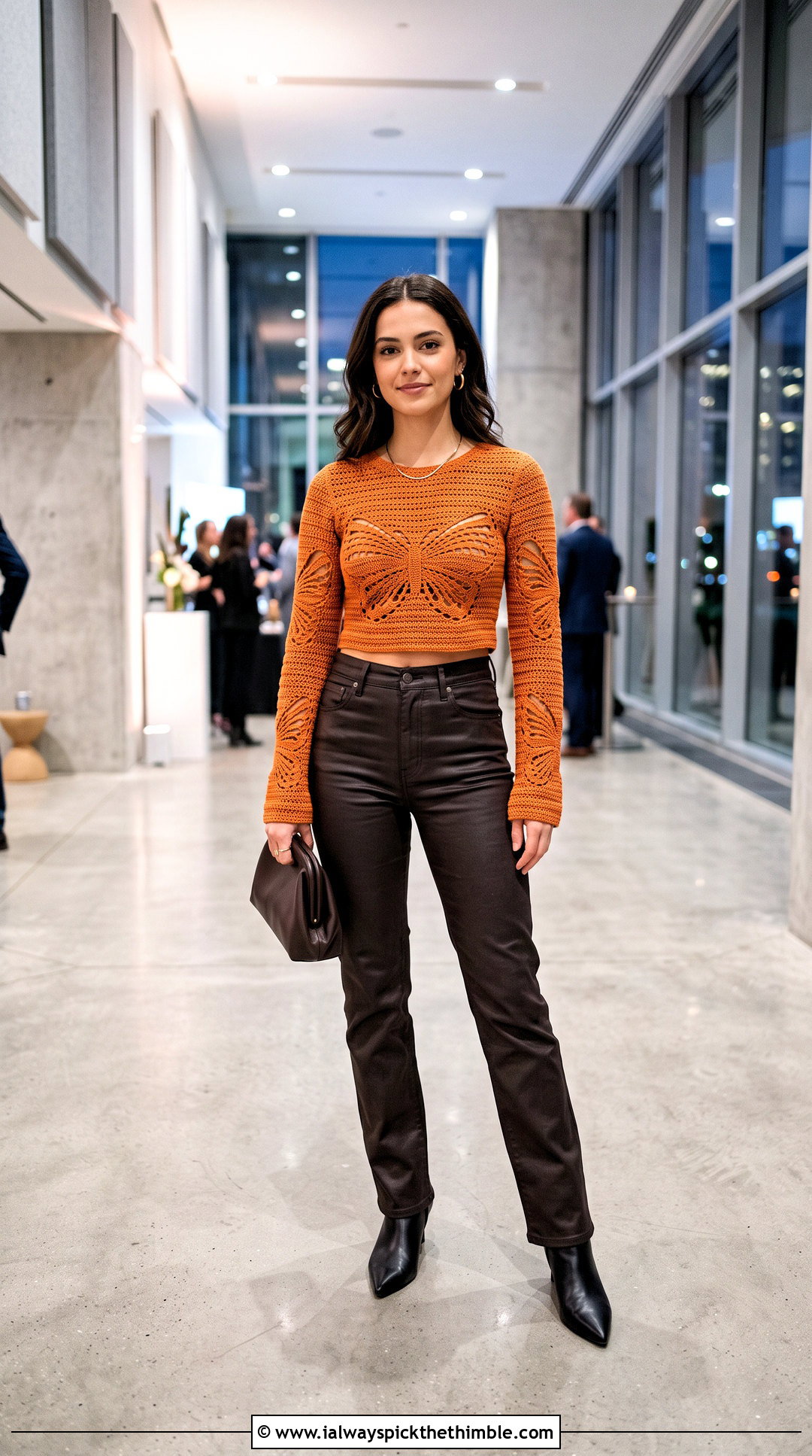 Long Sleeve Crochet Butterfly Crop Top With Leather Pants - 20 crochet butterfly crop top outfit ideas