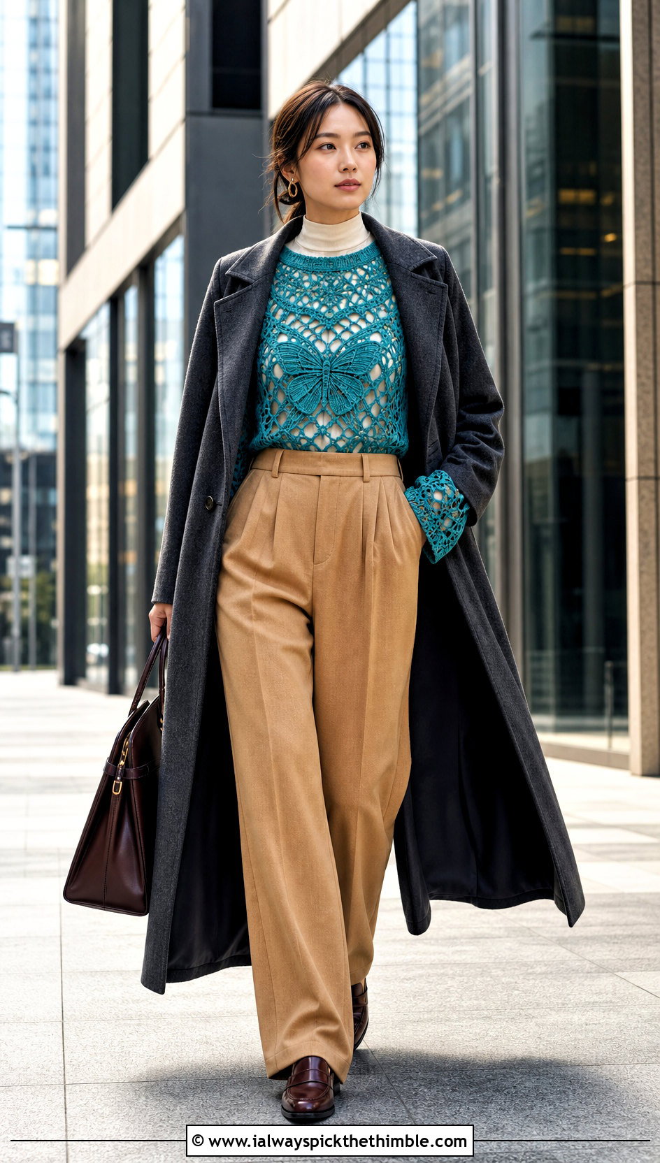 Long Sleeve Crochet Butterfly Lace Top With Wool Trousers - 20 crochet butterfly lace top outfit ideas