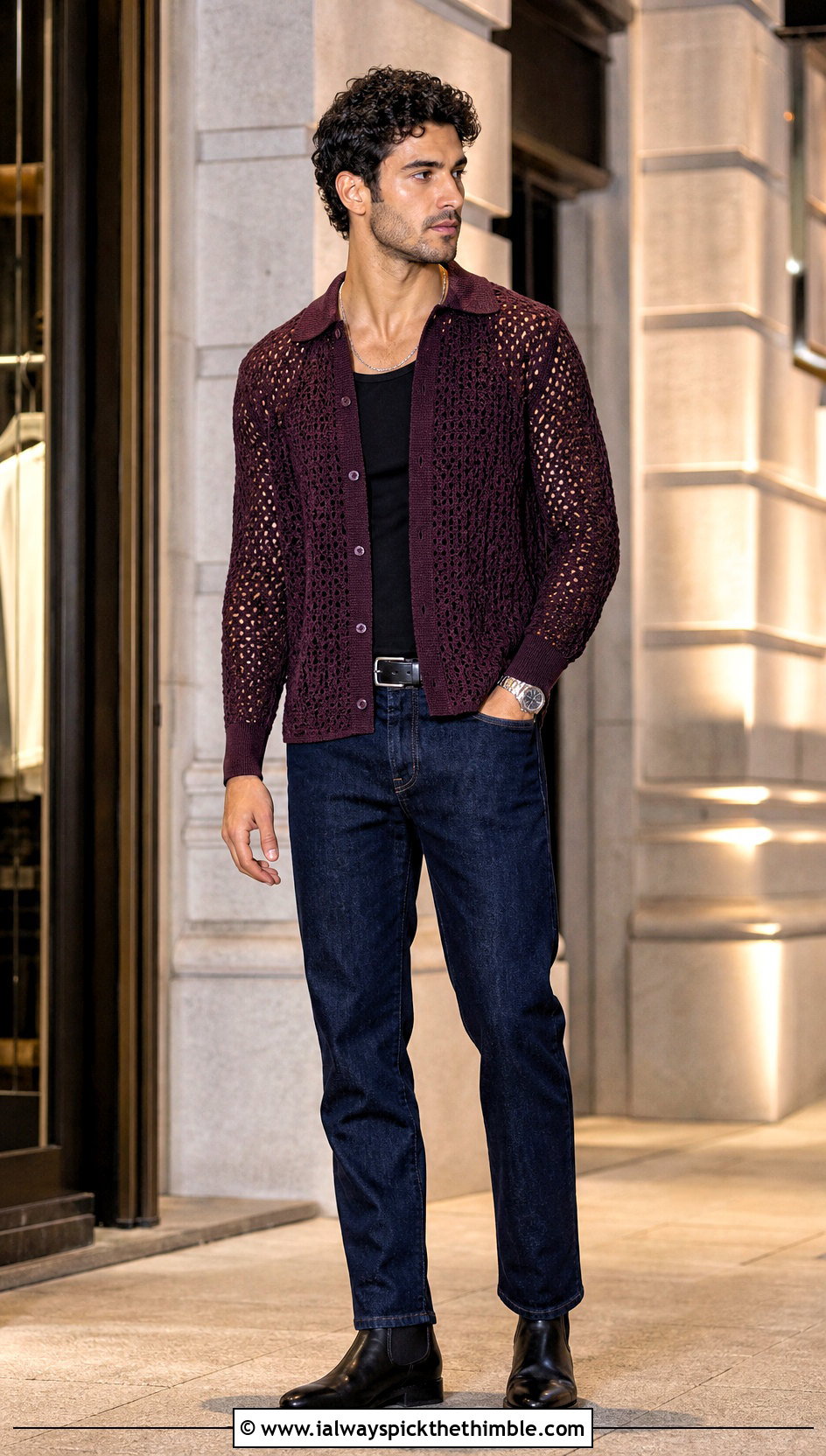 Long Sleeve Crochet Button Down Shirt With Dark Denim - 25 crochet mens shirt outfit ideas