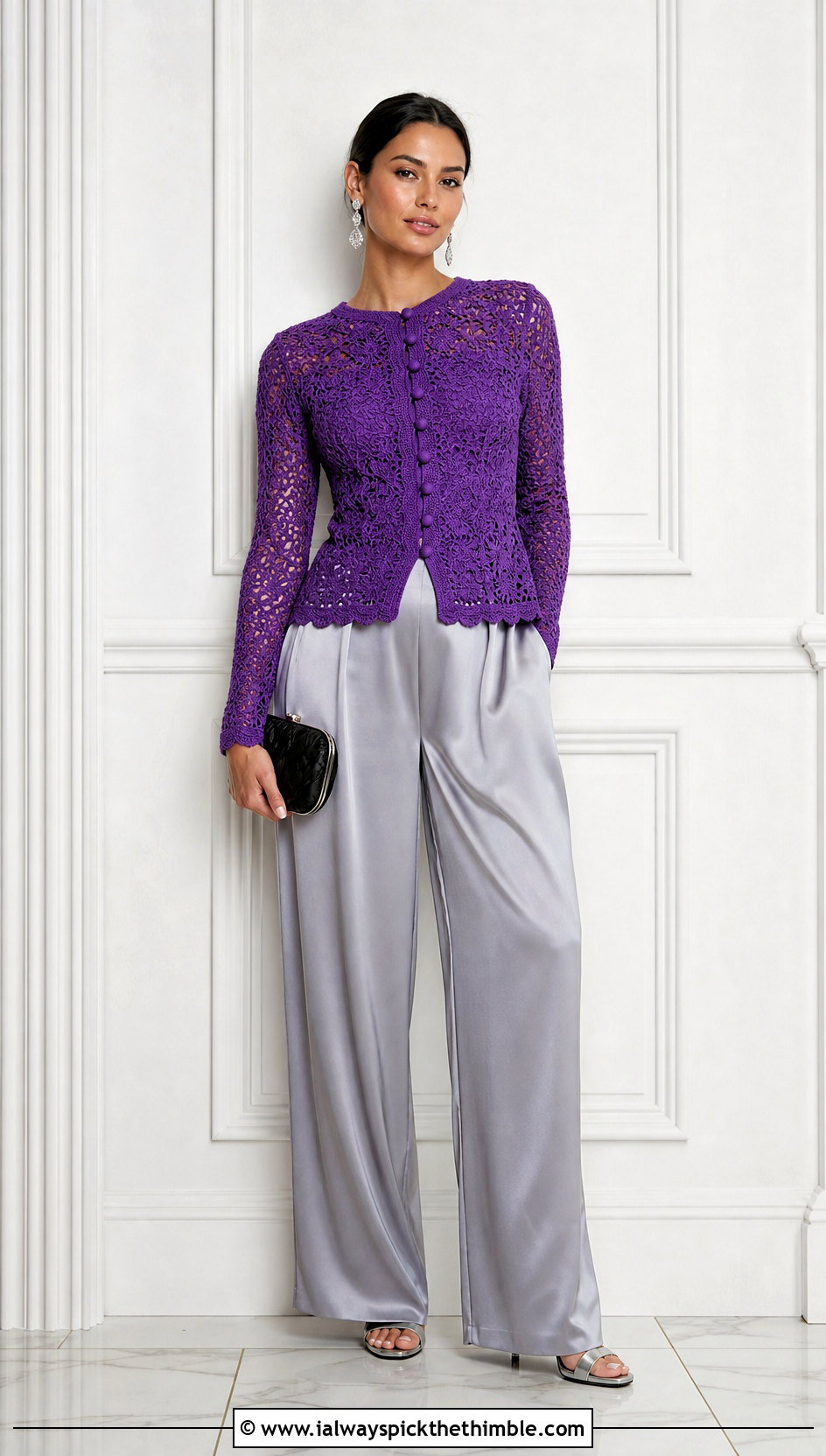 Long Sleeve Crochet Button Top With Satin Pants - 25 Crochet Top With Buttons outfit ideas